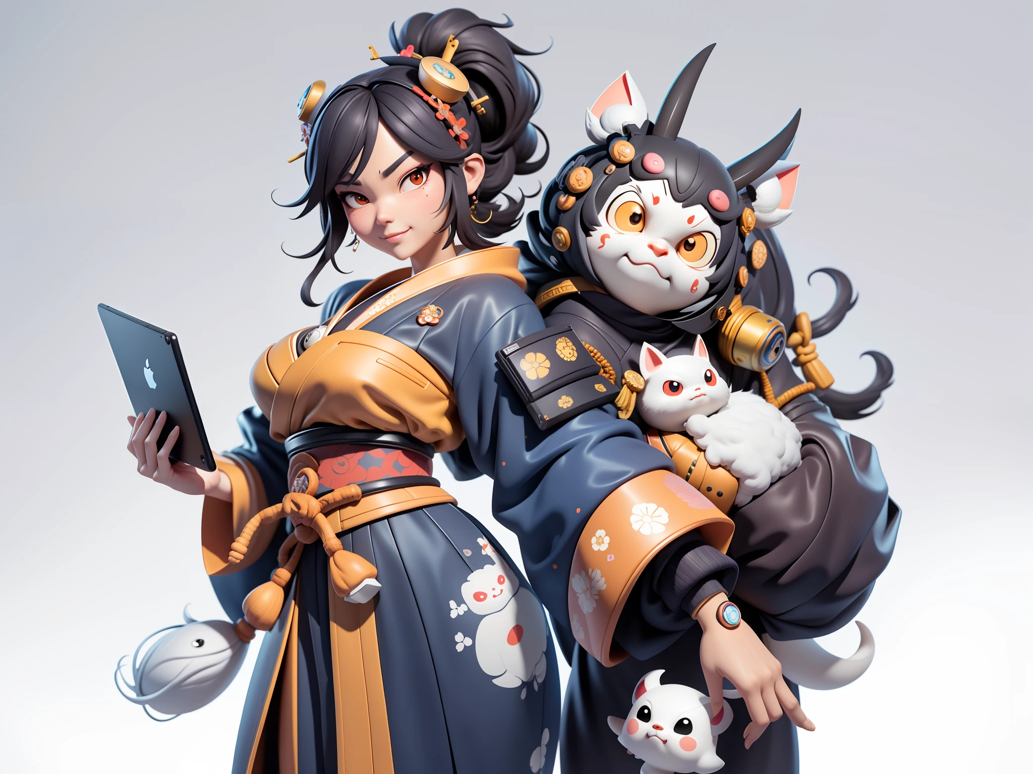 (Daisaku),(Need),(Super meticulous),(full bodyesbian:1.2),Japanese ukiyo-e girl,japanese geisha,Beautiful,Oriental dragon,Aeolian Thor,Raised sexy,爆乳,Oriental face,TV Anchor,Bust portrait illustration,Alone,In black suit,a blue tie,The face is slightly chubby,The face was clean,without a beard,Black super short hair,Black eyes,Smile confidently,3C computer sub-products,iPad, iphone,Digital painting,3D character design by Mark Clairen and Pixar and Hayao Miyazaki and Akira Toriyama,The illustration is a high-definition illustration in 4K resolution,With very detailed facial features and cartoon-style visuals。