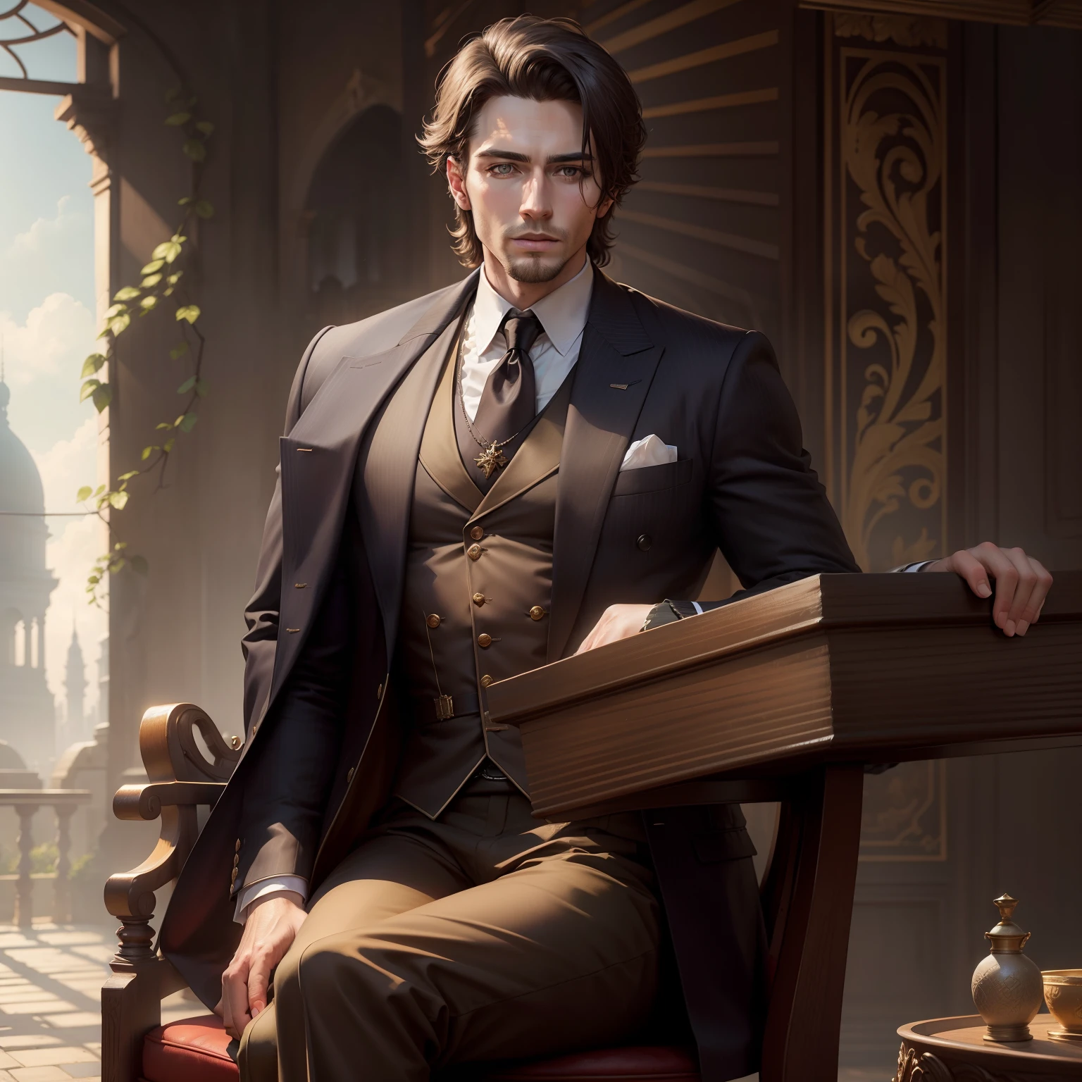 Change background oldmoney palace or nature handsome boy, realistic face, masculine sitting on the table, make clothes oldmoney style, a few building views in the back, realistic quality