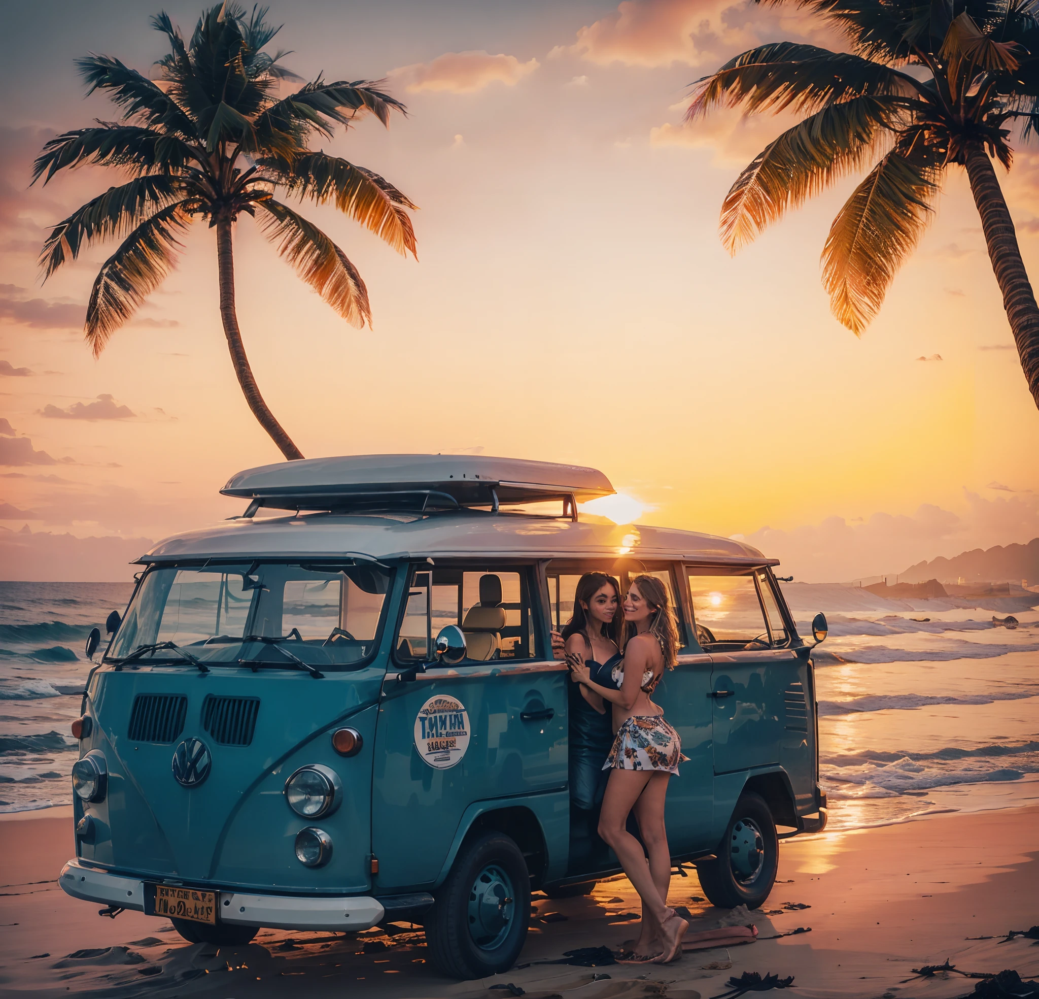 Surfers pose in front of VW buses on the beach at sunset, Carrinha, on the beach during sunset, Vencedor do concurso Pexels, Directed by: Matthias Weischer, microbus, Foto vencedora do concurso Unsplash, at the beach on a sunset, Viagem, vacation photo, in the sunset, on the beach at sunset, Viagem emocionante, on the beach at sunset