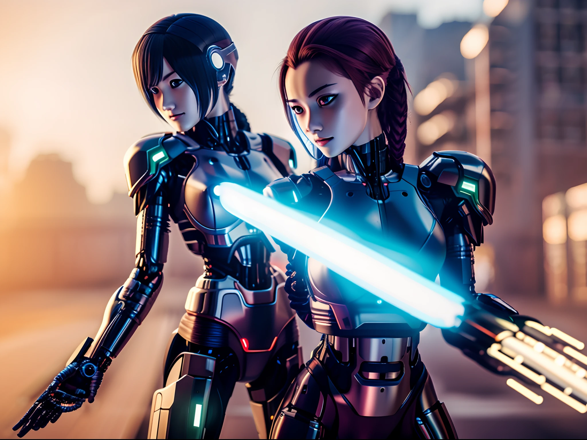 Nsfwgore chica anime con pantalones cortos y chaqueta de pie junto a un robot gigante, obras de arte al estilo de guweiz, cyberpunk anime girl mech, tendencia en cgstation, guweiz, por Russell Dongjun Lu, arte digital cyberpunk anime, ross tran 8 k, guweiz en artstation pixiv , girl with mecha cybernetic armor