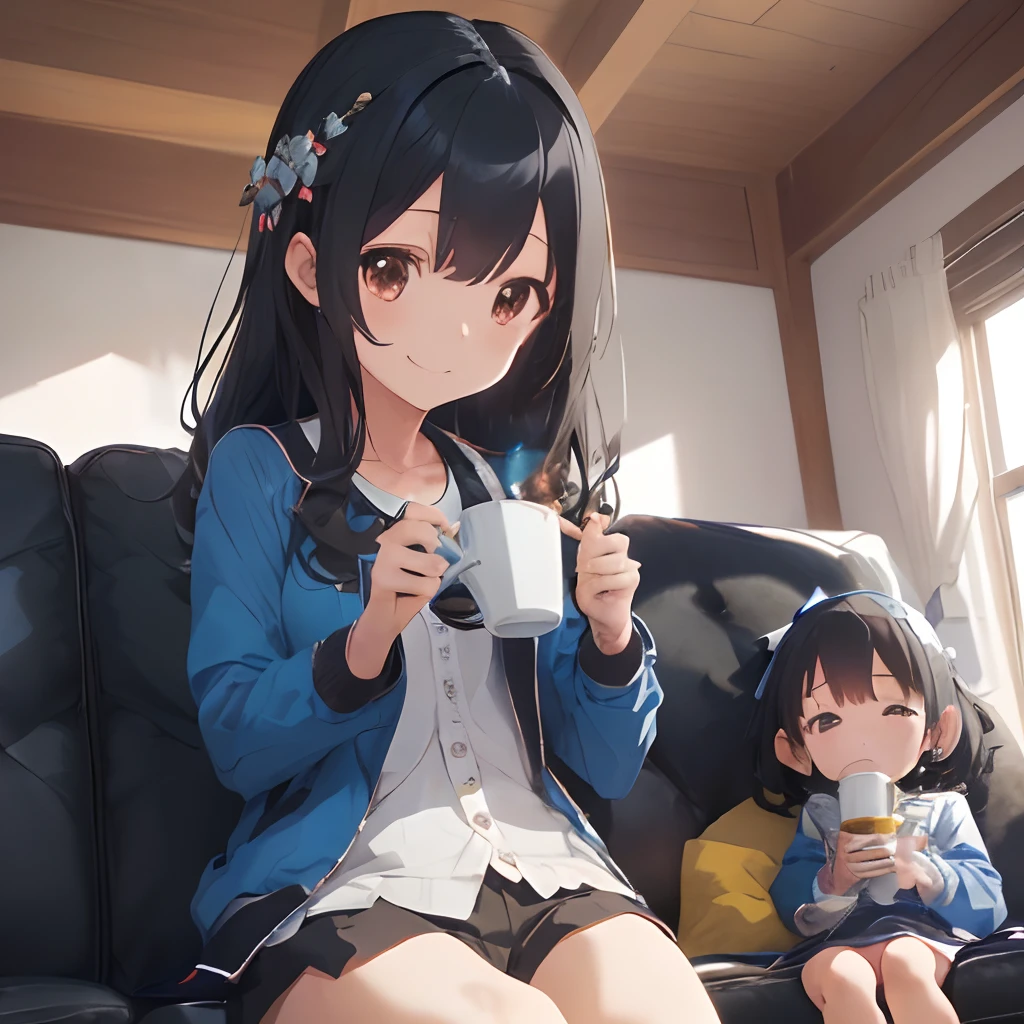 (masutepiece, Best Quality, Capture super cute moments, depth of fields, ultra-detailliert, Ultra High Resolution, C4D, Octadale, 3D Modeling, 8K, one girls、25-years old、A dark-haired、straight haired、Light brown eyes,hair adornments、Blue jacket、Black pants、(ssmile)、(Watching the baby)、(Being in the living room)、(Sit on the sofa)、(Baby with black hair sleeping next to)(Girl is drinking coffee)