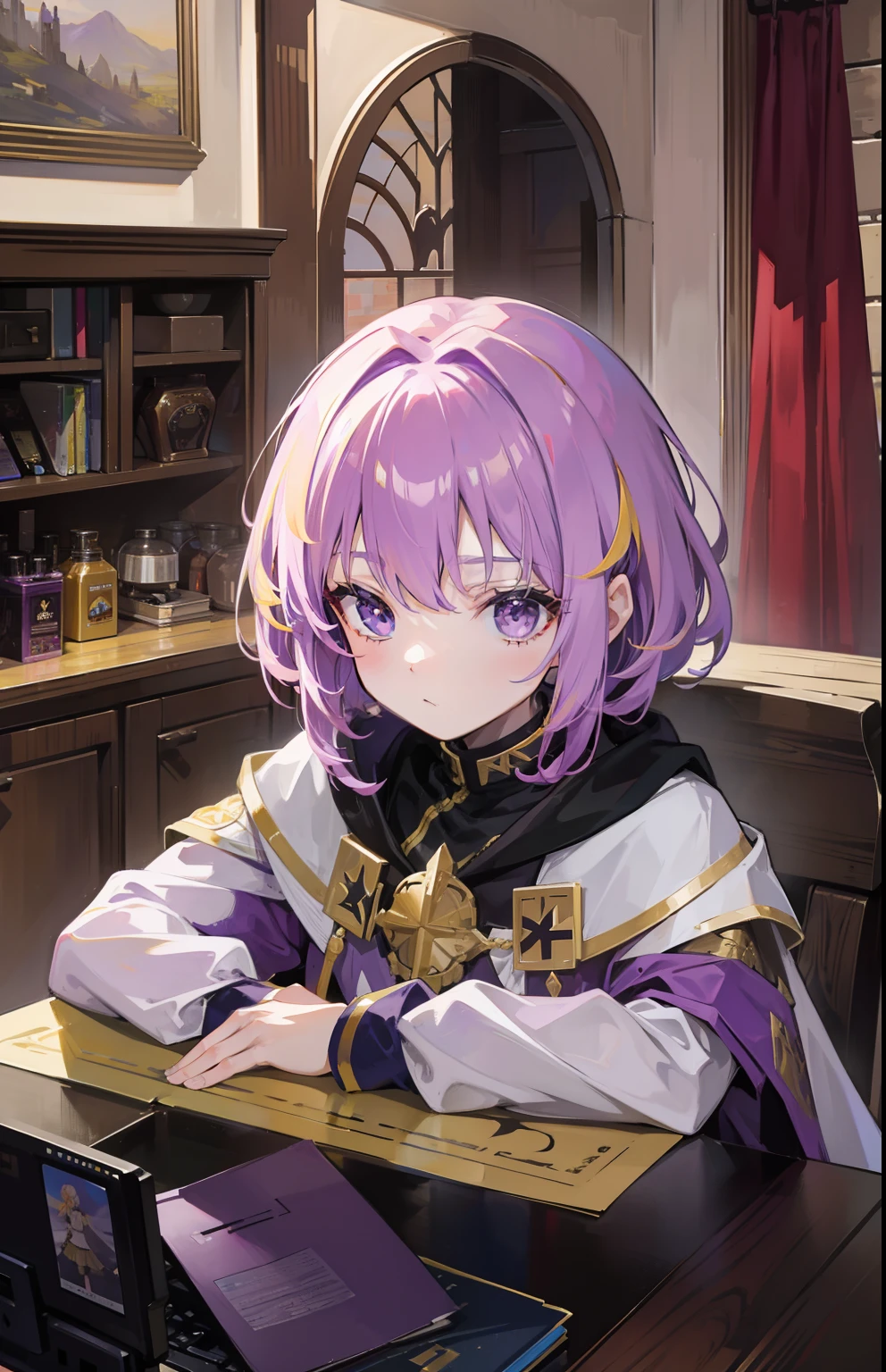 Short purple and yellow hair,Knights of the Dawn,A powerful girl