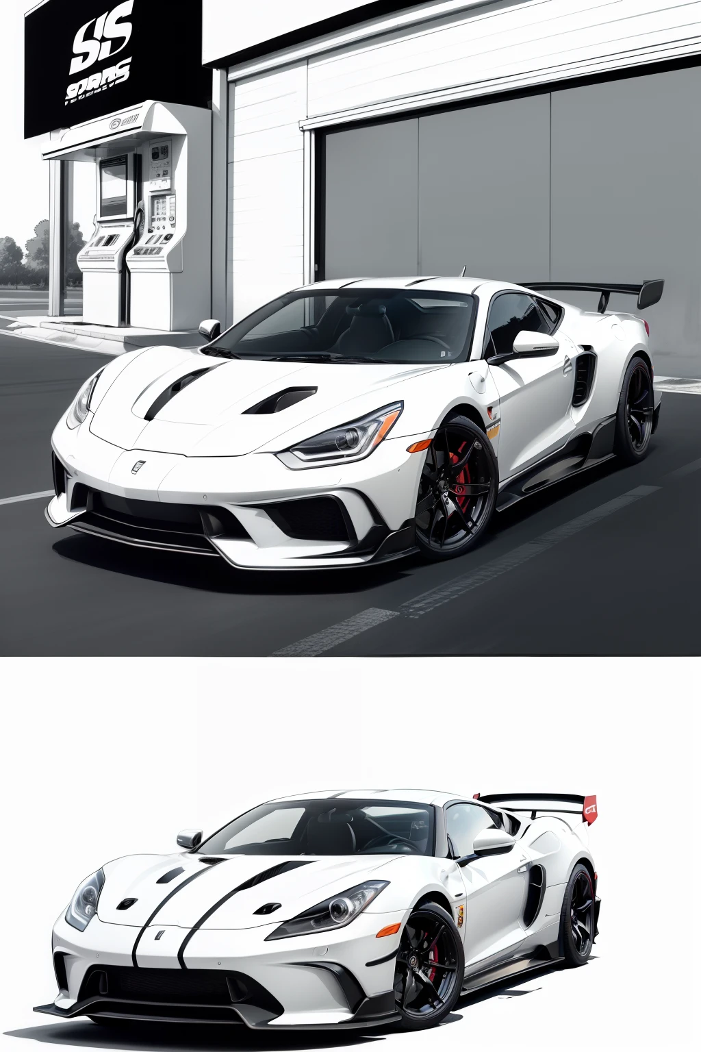 coloring page for kis, Sports car next a simple gas pump, cartoon style, thick lines, low detail, no shadows