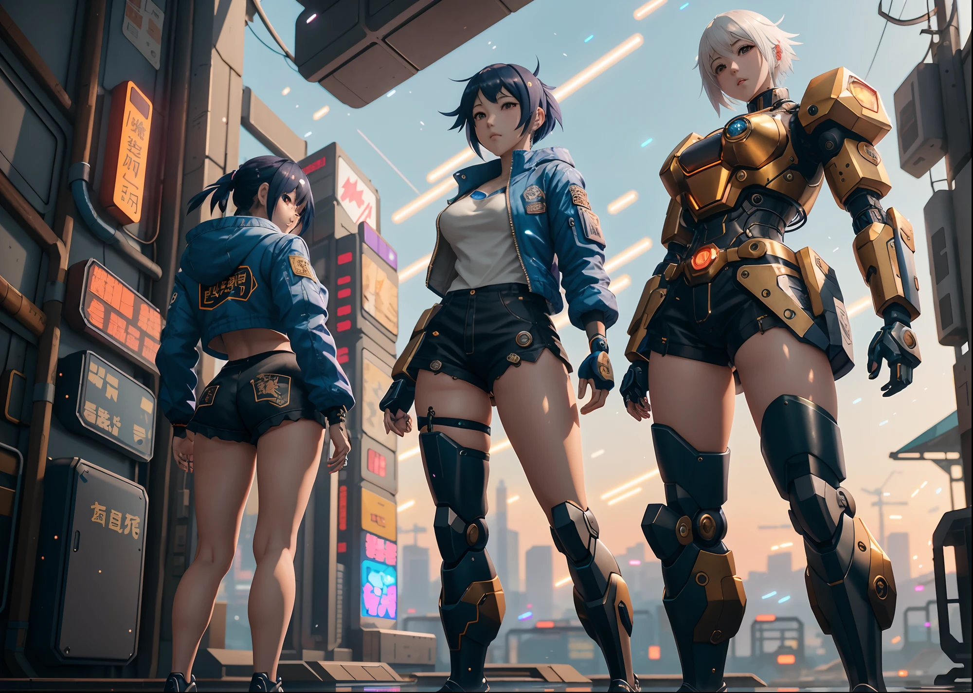 anime girl in short shorts and jacket standing next to giant robot, artwork in the style of guweiz, cyberpunk anime girl mech, trending on cgstation, guweiz, by Russell Dongjun Lu, digital cyberpunk anime art, ross tran 8 k, guweiz on artstation pixiv, girl in mecha cyber armor