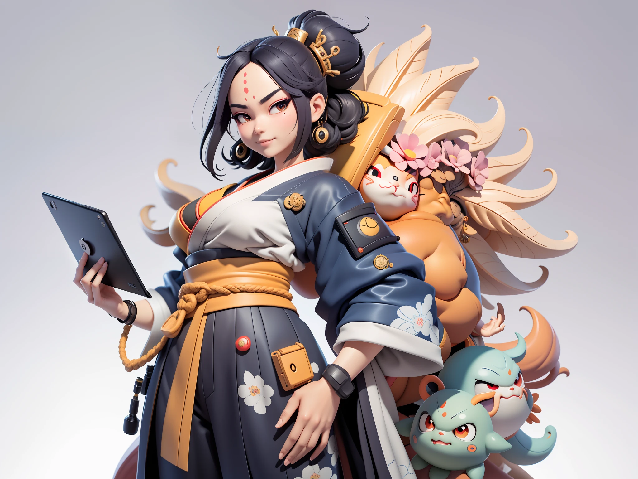 (Daisaku),(Need),(Super meticulous),(full bodyesbian:1.2),Japanese ukiyo-e girl,japanese geisha,Beautiful,Oriental dragon,Aeolian Thor,Raised sexy,爆乳,Oriental face,TV Anchor,Bust portrait illustration,Alone,In black suit,a blue tie,The face is slightly chubby,The face was clean,without a beard,Black super short hair,Black eyes,Smile confidently,3C computer sub-products,iPad, iphone,Digital painting,3D character design by Mark Clairen and Pixar and Hayao Miyazaki and Akira Toriyama,The illustration is a high-definition illustration in 4K resolution,With very detailed facial features and cartoon-style visuals。