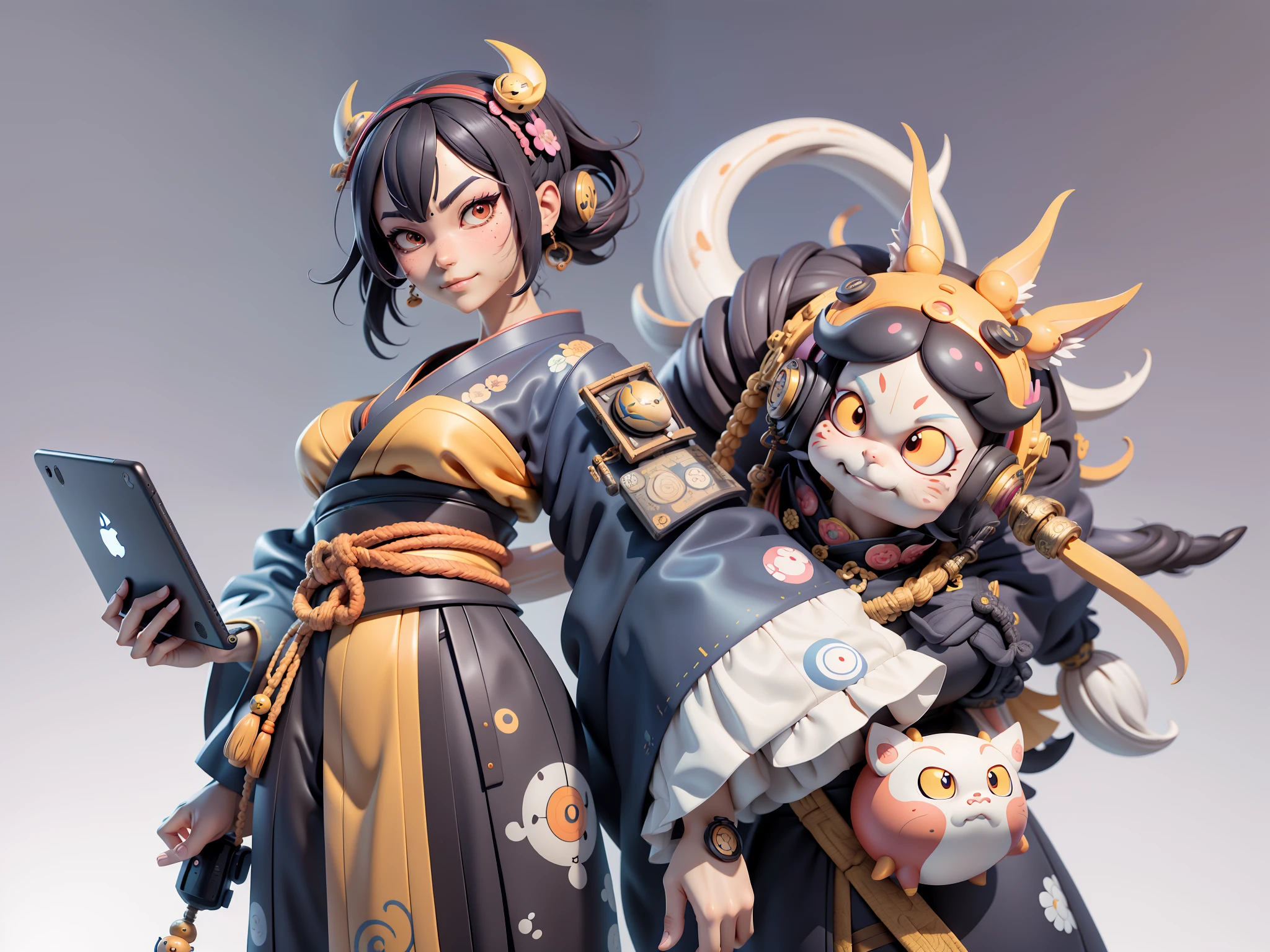 (Daisaku),(Need),(Super meticulous),(full bodyesbian:1.2),Japanese ukiyo-e girl，japanese geisha，Beautiful，Oriental dragon，Aeolian Thor，Raised sexy，爆乳，Oriental face，TV Anchor，Bust portrait illustration，Alone，In black suit，a blue tie，The face is slightly chubby，The face was clean，without a beard，Black super short hair，Black eyes，Smile confidently，3C computer sub-products，iPad， iphone，Digital painting，3D character design by Mark Clairen and Pixar and Hayao Miyazaki and Akira Toriyama，The illustration is a high-definition illustration in 4K resolution，With very detailed facial features and cartoon-style visuals。
