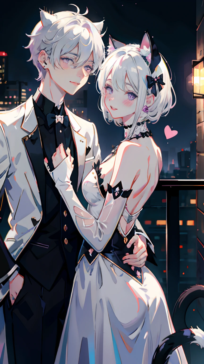 (1boy and 1girl), (cat ears:1.5), short hair, silver hair, white hair, purple eyes, masterpiece, pov, medium breast, absurdres, messy hair, cute smile, winking, blushing, nice hands, boy in a tuxedo suit, girl in a wedding dress, naked backs can be seen through the gaps in the wedding dress, holding hands, (heart in the pupils:0.2), floating heart, heart earrings, white hair, full-face blush, looking at another, face-to-face, bed in the hotel room, cityscape at night.