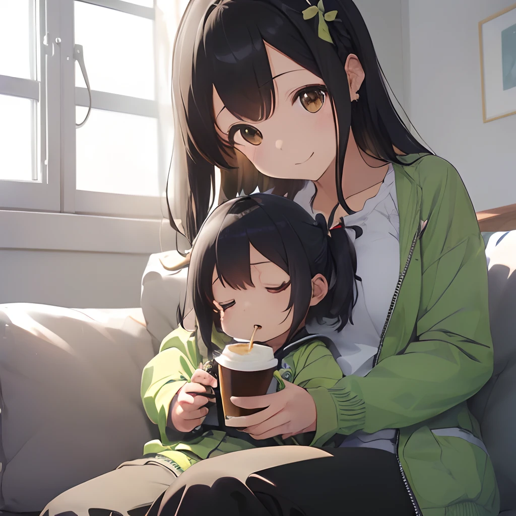 (masutepiece, Best Quality, Capture super cute moments, depth of fields, ultra-detailliert, Ultra High Resolution, C4D, Octadale, 3D Modeling, 8K, one girls、25-years old、A dark-haired、straight haired、Light brown eyes,hair adornments、Light green jacket、Black pants、(ssmile)、(Watching the )、(Being in the living room)、(Sit on the sofa)、(Baby with black hair sleeping next to her)(25 year old girl is drinking coffee)