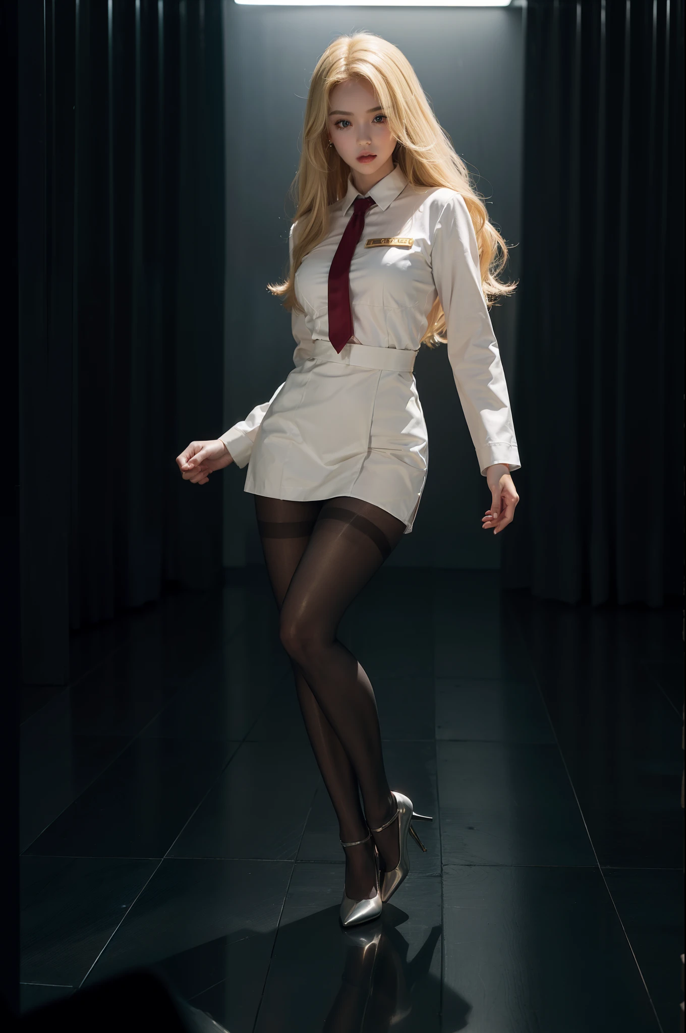 (full body:2)，(1girl:1.3),(view the viewer:1.4)，(??????? correct:1.4),(pantyhose and pointed thick heels :1.3),(Dancing in the bank:1.2),(Nurse set:1.25),(Extra Long blonde Hair:1.2),(Accurate and perfect face:1.3),(Long legs and big feet:1.3),((Skin reflection , Skin Gloss):1.2)，hyper HD, Ray traching, reflective light， structurally correct, Award-Awarded, high detail, lighten shade contrast, Face lighting ，cinematic lighting, masterpiece, super detailing, high quality, high detail, best quality, 16k，High contrast,