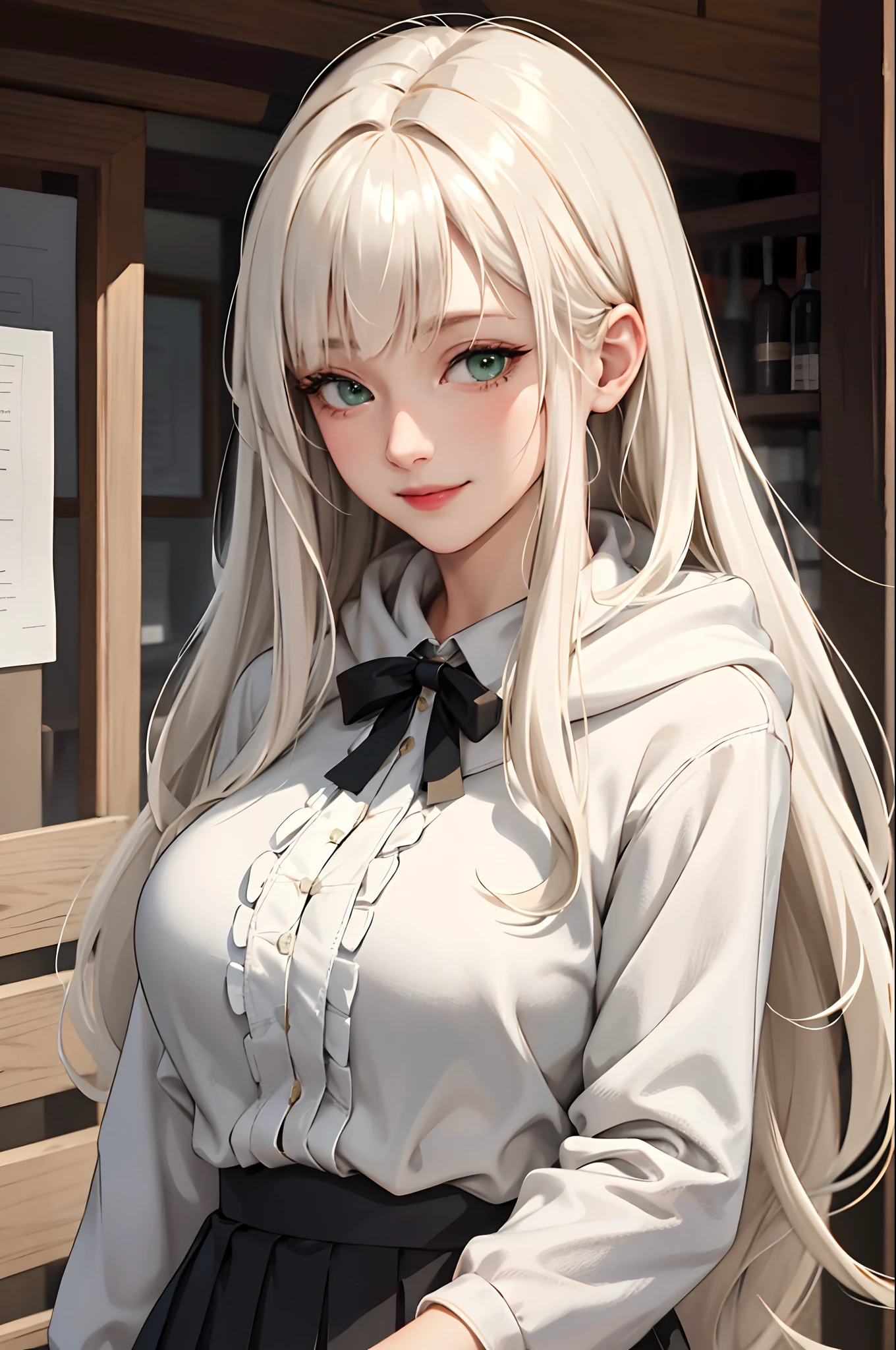 (masterpiece:1.2, best quality), (real picture, intricate details), 1lady, solo, upper body, casual, long hair, minimal makeup, natural fabrics, close-up face, smile, home, long light platinum blonde hair, bangs, green eyes, big breasts, cute clothing, cute hoodie, pleated skirt.
