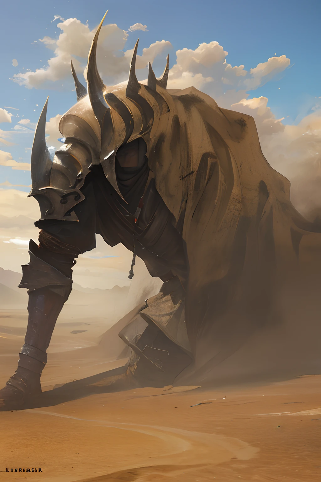 masterpiece, RAW photo, best quality, realistic, photo-realistic, an extremely delicate and beautiful, concept art, fantasy, cinematic angle, depth of field, blue sky, daytime, majestic clouds, bedhead hair, a female, 23 years old, traveller, wasteland, Desert, cloak, turban, robe, walking, (sandstorm), face focus, dynamic angle, madeon