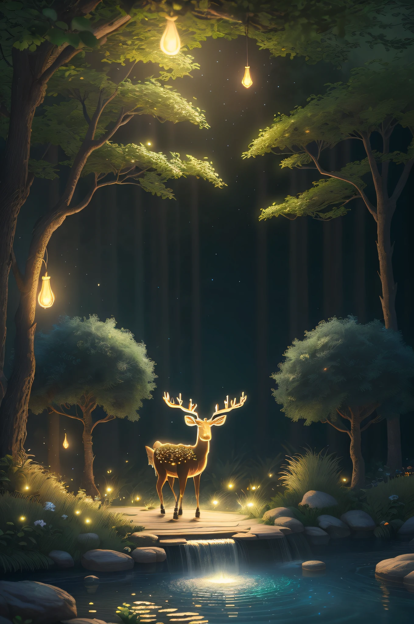 Masterpiece, best quality, (very detailed CG unity 8k wallpaper), (best quality), (best illustration), (best shadows), glow sprite, with a glowing deer, in the swimming pool Drinking water, natural elements in the forest theme. Mysterious forest, beautiful forest, nature, surrounded by flowers, delicate leaves and branches surrounded by fireflies (natural elements), (jungle theme), (leaves), (twigs), (fireflies), (particle effects) etc. 3D , Octane rendering, ray tracing, super detailed