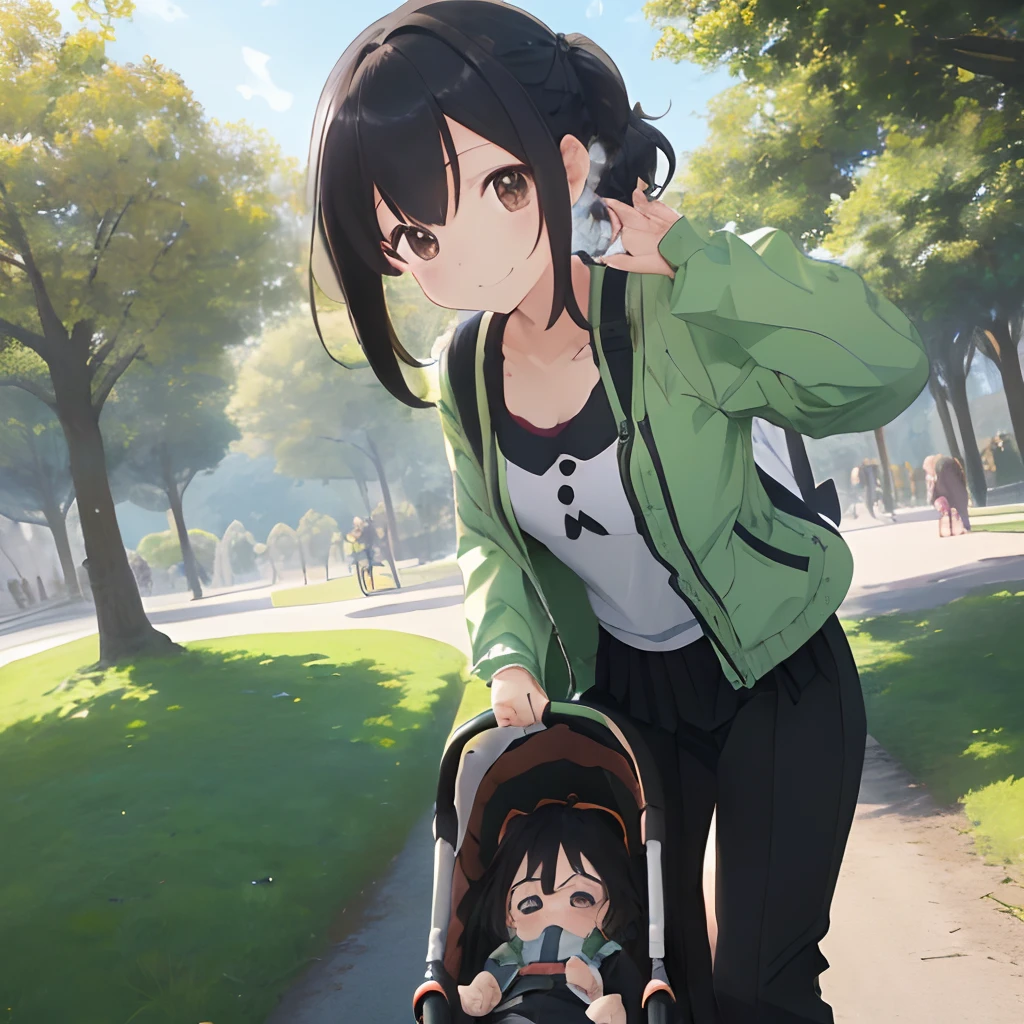 (masutepiece, Best Quality, Capture super cute moments, depth of fields, ultra-detailliert, Ultra High Resolution, C4D, Octadale, 3D Modeling, 8K, one girls、25-years old、A dark-haired、straight haired、Light brown eyes,hair adornments、Light green jacket、Black pants、(ssmile)、(Watching the baby)、(Being in the park)、(Pulling a stroller)、(Baby with black hair sleeping)(Park on a sunny day)