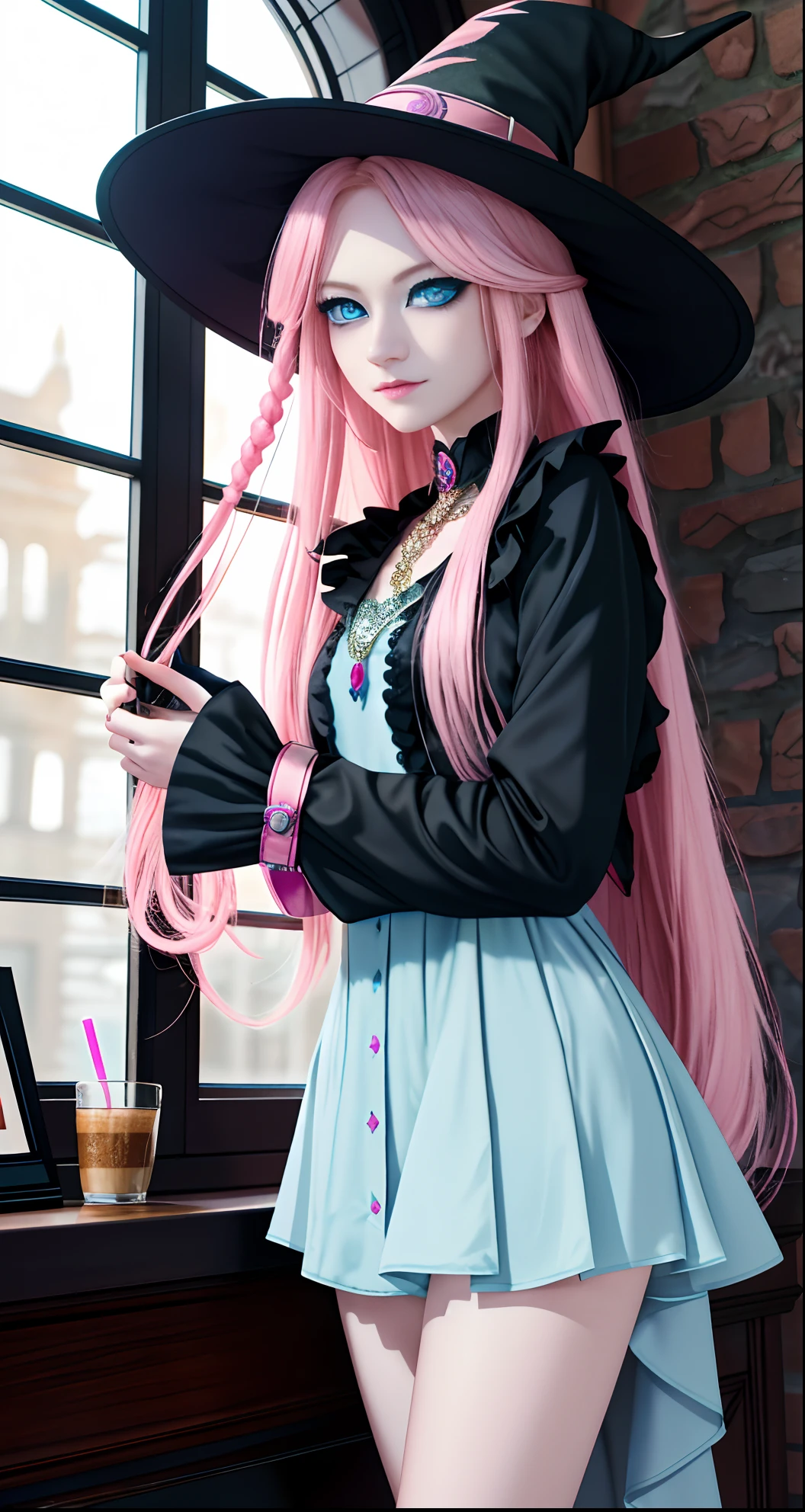 masterpiece, top-quality, Adults, different color, finely eye and detailed face, intricate detailes, Wizarding World Costumes, Inside the coffee shop, During the walk, A smile, Happiness, tenderness, youthfulness, high-level image quality、Beautuful Women、tall、window、𝓡𝓸𝓶𝓪𝓷𝓽𝓲𝓬、Englishman, Idol Photos, k pop, Professional Photos, ((the witch)), Fedoman with necklace, inspired by Sim Sa-jeong, androgynous vampire, :9 detailed face: 8, extra detailed face, detailed punk hair, ((Light blue eyes)) baggy eyes, Seductive. Highly detailed, semi realistic anime, Vampires, hyperrealistic , Delicate androgynous witch, imvu, Woman with long hair, Woman with a gentle expression, ((Woman with pretty long pink hair and light blue eyes)),