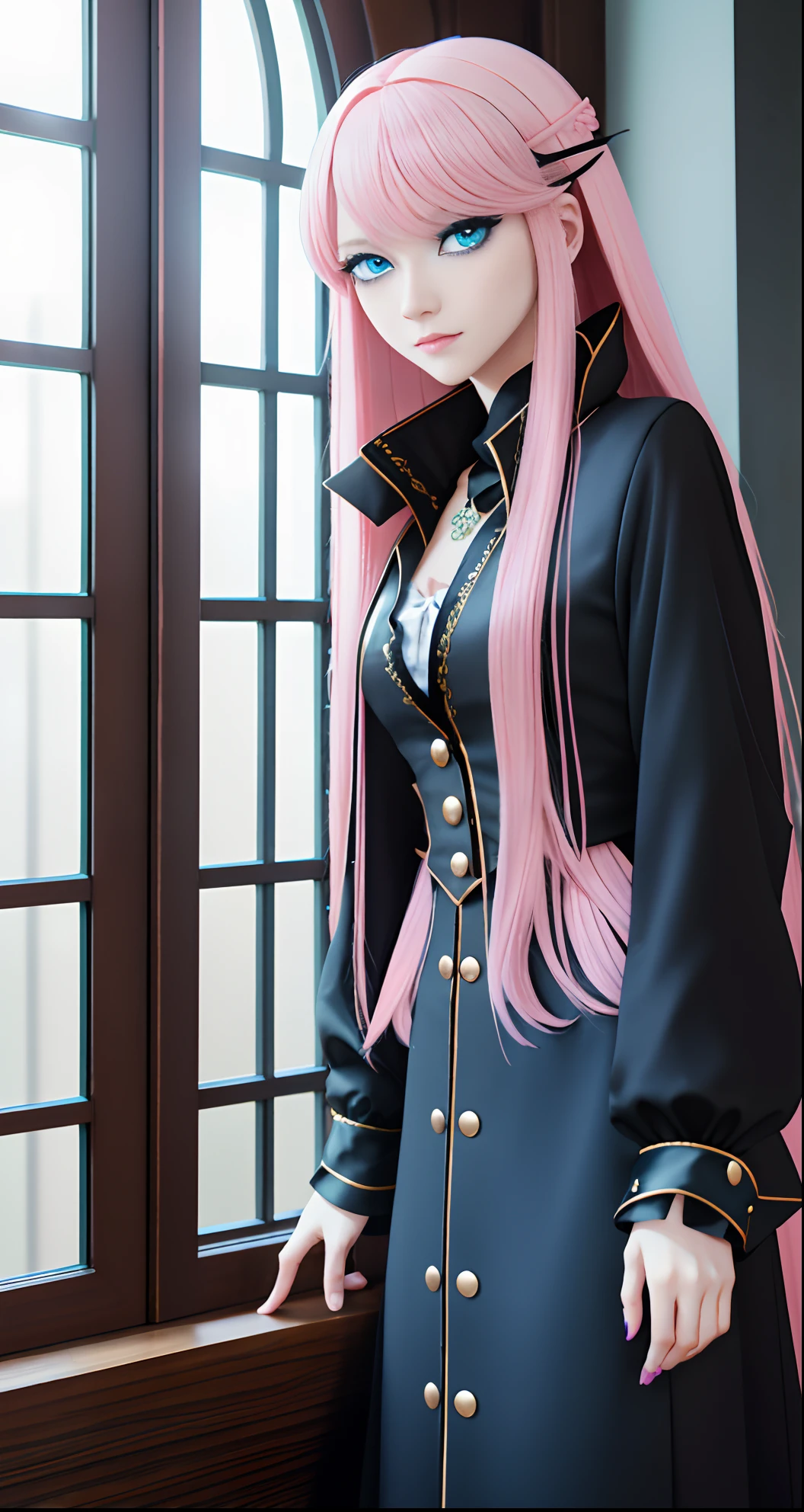 ​masterpiece, top-quality, Adults, different color, finely eye and detailed face, intricate detailes, Wizarding World Costumes, Inside the coffee shop, During the walk, A smile, Happiness, tenderness, youthfulness, high-level image quality、Beautuful Women、tall、window、𝓡𝓸𝓶𝓪𝓷𝓽𝓲𝓬、Englishman, Idol Photos, k pop, Professional Photos, ((the witch)), Fedoman with necklace, inspired by Sim Sa-jeong, androgynous vampire, :9 detailed face: 8, extra detailed face, detailed punk hair, ((Light blue eyes)) baggy eyes, Seductive. Highly detailed, semi realistic anime, Vampires, hyperrealistic teen, Delicate androgynous witch, imvu, Woman with long hair, Woman with a gentle expression, ((Woman with pretty long pink hair and light blue eyes)),