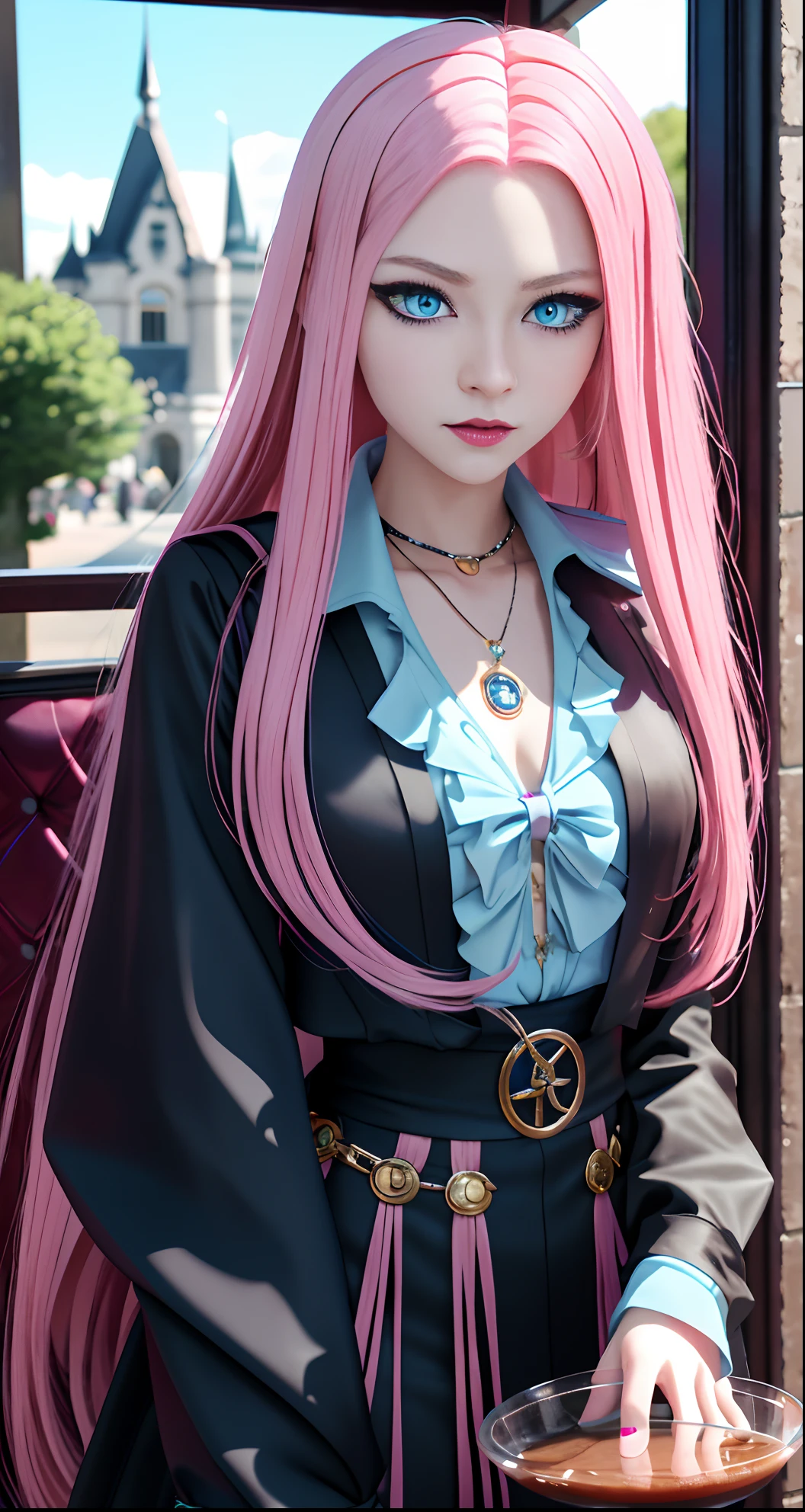 masterpiece, top-quality, Adults, different color, finely eye and detailed face, intricate detailes, Wizarding World Costumes, Inside the coffee shop, During the walk, A smile, Happiness, tenderness, youthfulness, high-level image quality、Beautuful Women、tall、window、𝓡𝓸𝓶𝓪𝓷𝓽𝓲𝓬、Englishman, Idol Photos, k pop, Professional Photos, ((the witch)), Fedoman with necklace, inspired by Sim Sa-jeong, androgynous vampire, :9 detailed face: 8, extra detailed face, detailed punk hair, ((Light blue eyes)) baggy eyes, Seductive. Highly detailed, semi realistic anime, Vampires, hyperrealistic , Delicate androgynous witch, imvu, Woman with long hair, Woman with a gentle expression, ((Woman with pretty long pink hair and light blue eyes)),