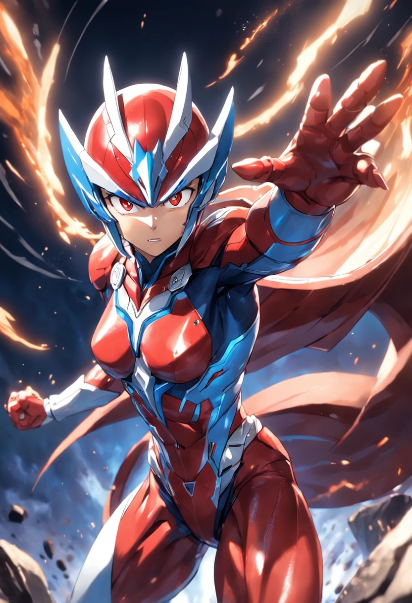 a close up of a person in a red and blue suit, Ultraman, ultra hyper-detailed, detailled image, hero action pose, battle action pose, ultra mega detailed, full body action pose, full bodyesbian!! Dynamic Action Pose, super super dynamic dynamic pose, complete detailed body, ( highly detailed figure ), anime big breast, heroically battle posing