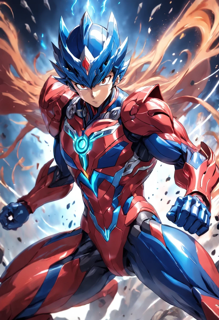 a close up of a person in a red and blue suit, Ultraman, ultra hyper-detailed, detailled image, hero action pose, battle action pose, ultra mega detailed, full body action pose, full bodyesbian!! Dynamic Action Pose, super super dynamic dynamic pose, complete detailed body, ( highly detailed figure ), anime big breast, heroically battle posing