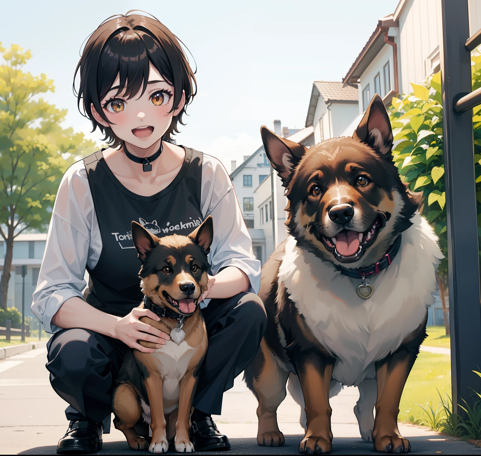 masterpiece, best quality, masterpiece, (1girl),solo, ginger hair, green blue eyes, playing with a pomeranian dog 🐶 , animal, very fluffy and hairy dog, small dog, the setting is a park with playground and ample space