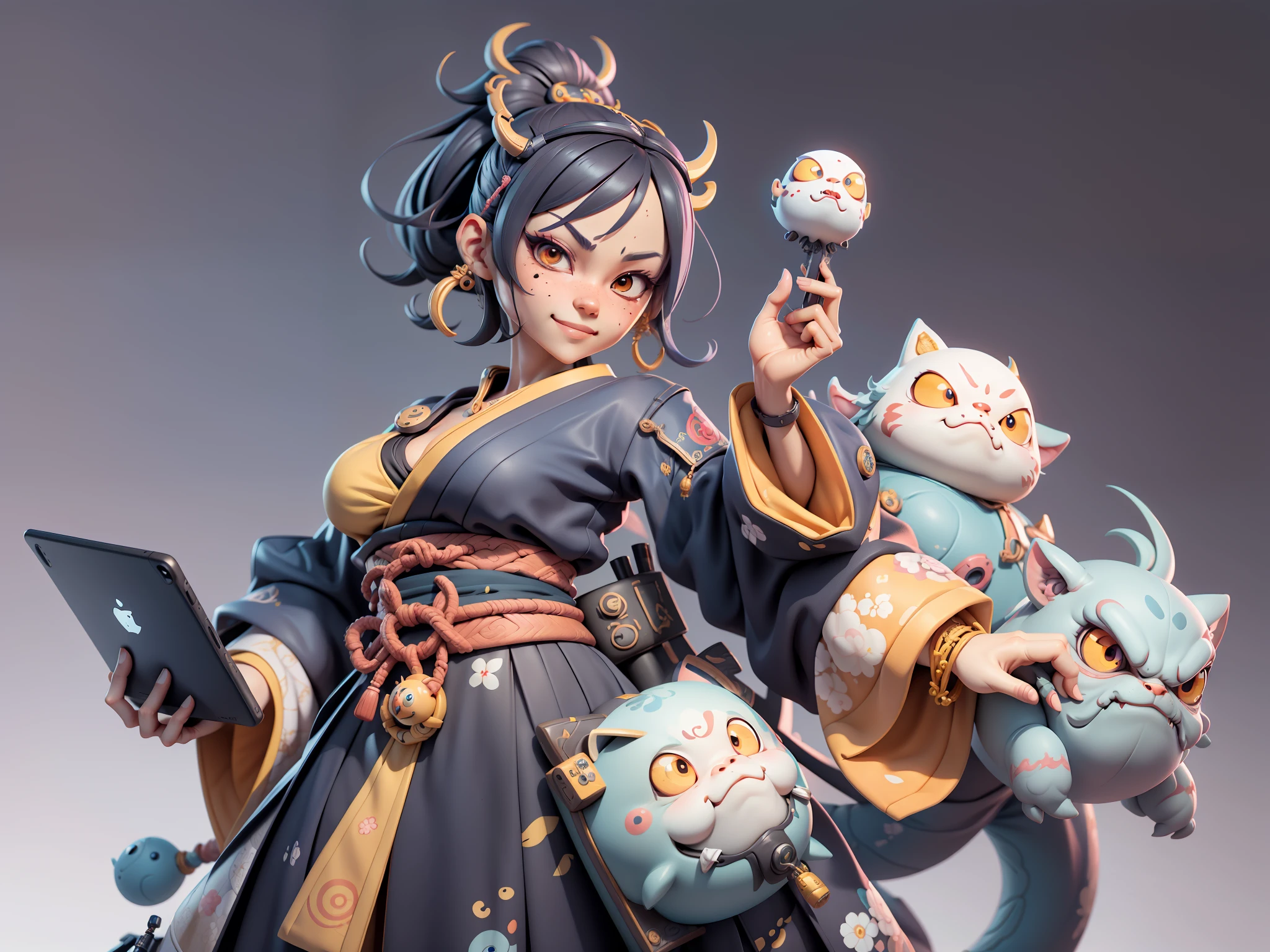 (Daisaku),(Need),(Super meticulous),(full bodyesbian:1.2),Japanese ukiyo-e girl,japanese geisha,Beautiful,Oriental dragon,Aeolian Thor,Raised sexy,爆乳,Oriental face,TV Anchor,Bust portrait illustration,Alone,In black suit,a blue tie,The face is slightly chubby,The face was clean,without a beard,Black super short hair,Black eyes,Smile confidently,3C computer sub-products,iPad, iphone,Digital painting,3D character design by Mark Clairen and Pixar and Hayao Miyazaki and Akira Toriyama,The illustration is a high-definition illustration in 4K resolution,With very detailed facial features and cartoon-style visuals。