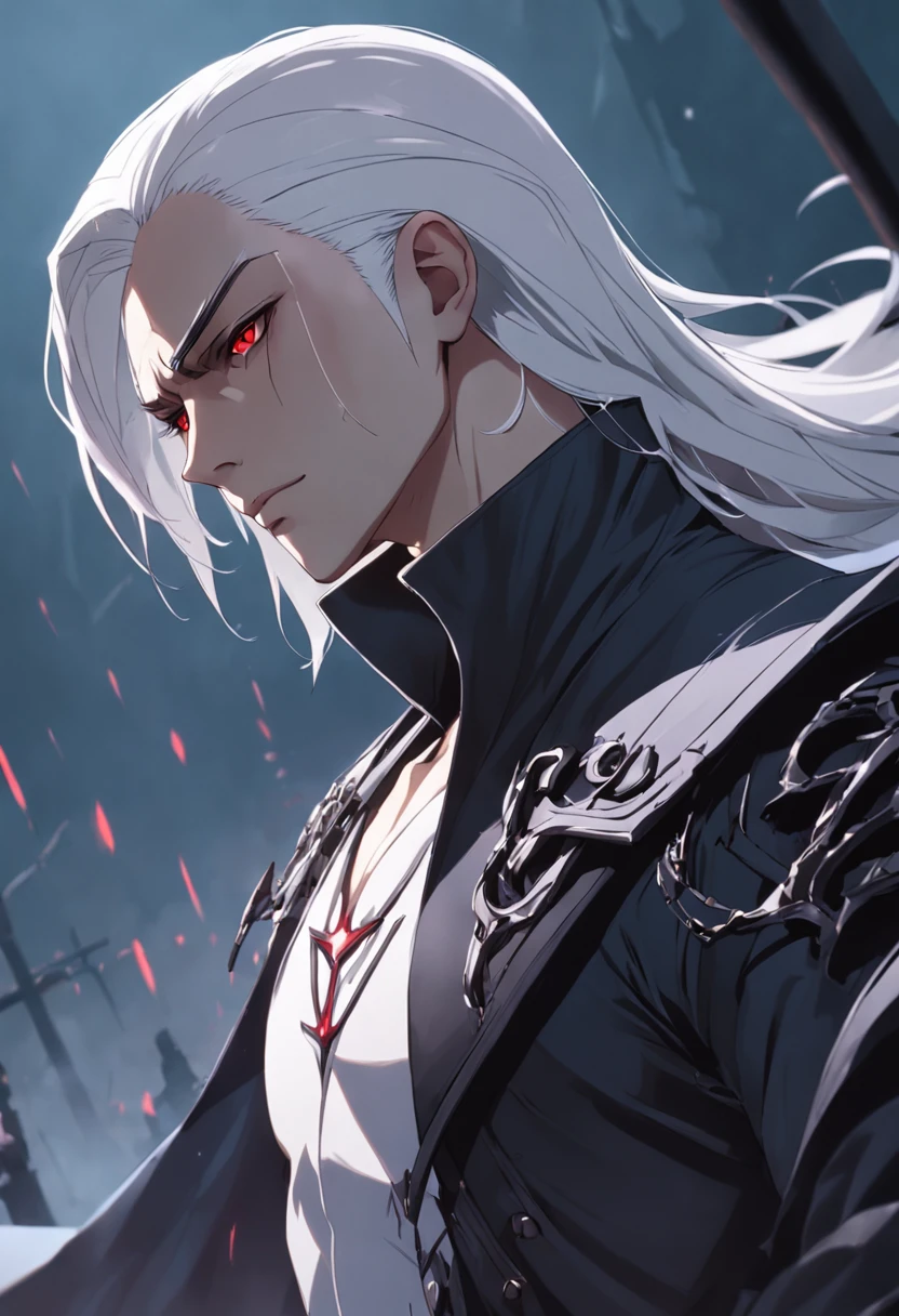 Tall man, white skin, medium white hair slicked back, red eyes, black assassin outfit,UHD,8k,melhor qualidade,fundo de montanha,arte ultra detalhada,contornos perfeitos