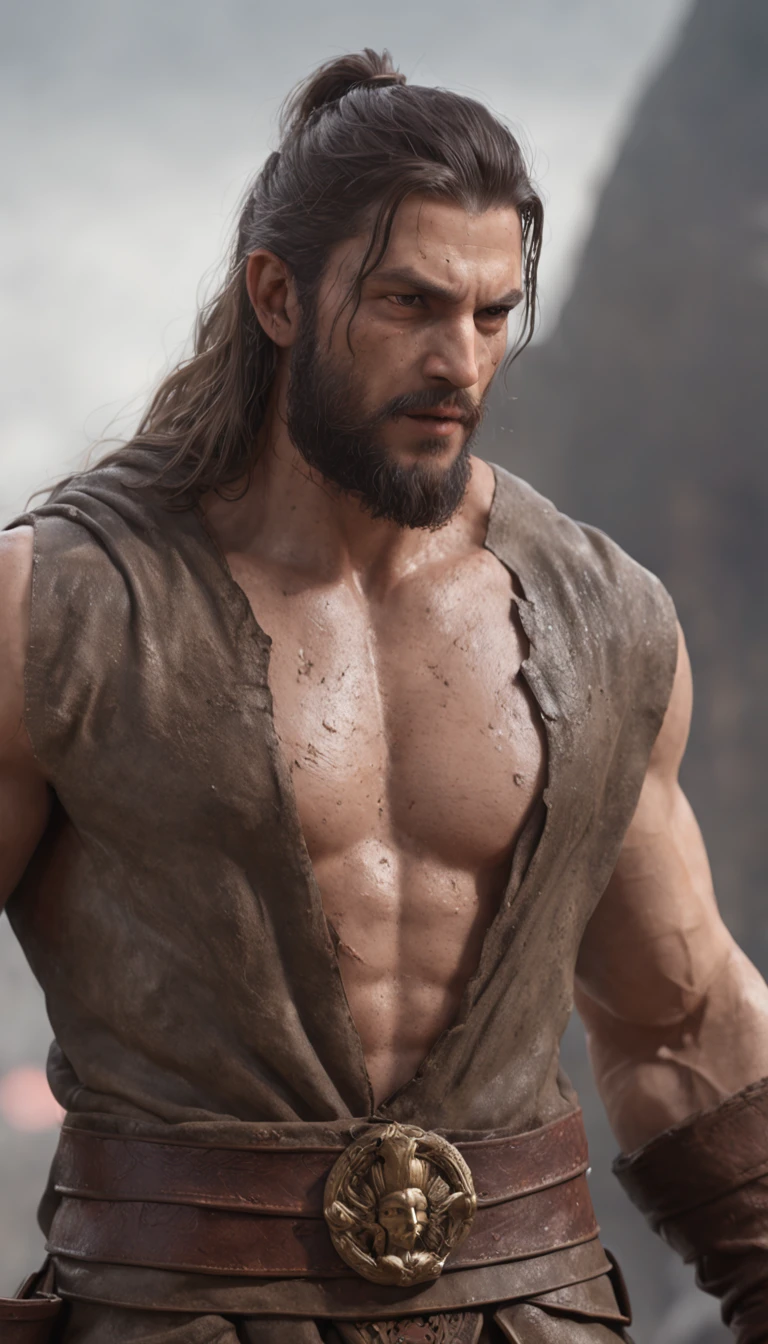 (Rendu 3D professionnel:1.3) DE (Realstic:1.3) The most beautiful art photo in the world,Features of gentle and bright male heroes, ((Epic hero fantasy muscle rough man wet angry hero look at long hair short beard and fierce expression in dynamic pose, Emplacement fantastique, Majestic and crowded environment)), Rendu Unity 8k complet, action SHOT, Skin pore, Very dark lighting, ombrage lourd, Detailed, Detailed face, (Dynamique, Realistic Photography, Realstic, dramatique, Sombre, mise au point nette, 8k), (Old leather clothing damaged by the weather:1.4), ((((Portez de la fourrure)))), (complexe:1.4), decadent, (highly detailed:1.4), digital painting, rendu par octane, Art stations, concept art, lisse, mise au point nette, illustration, Art Germ, (loish:0.23), WLOP Ilya Kuvshinov, et Greg Rutkowski et Alphonse Mucha Gracias, (Illumination globale, studio light, volumettic light), fortes pluies, Particules flottantes, FRIPON, fantaisie, Onze, corps entieresbienne, ((Dark and ancient background of the city:1.3)),CGSesociety,Art stations