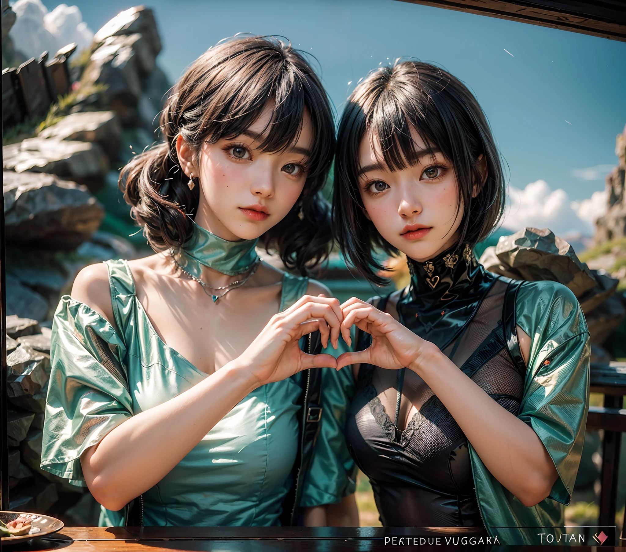 "Image of a young couple in their early 20s, embracing in a heart pose, wearing adventurous outfits, against a stunning mountain backdrop. The scene is filled with fantasy elements and features a fantastic scenery. Seeking a masterpiece with the best quality and extreme detail."