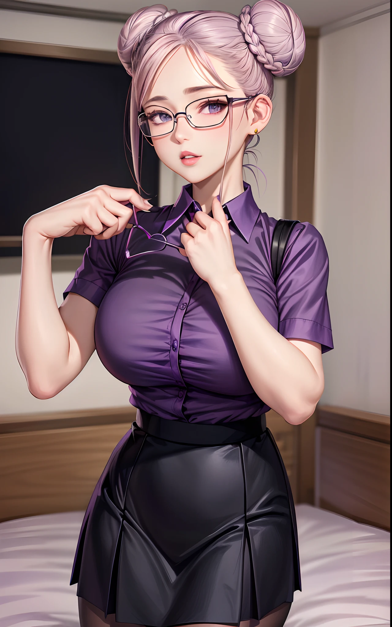 (purple shirt:1.3), (black skirt:1.3), (collared shirt:1.3), eyelashes, face, lips, looking at viewer, nose, teeth, realistic, solo, (school uniform, mature female, purple shirt, purple blouse, black skirt, milf), (infirmary, doctors office, college) (elf ears, thick neck, chubby cheeks, (large breasts:1.1), massive tits, (blond hair1.3), pulled back, high bun, semi-rimless eyewear, Asian-Less, Asian-Less-Toon