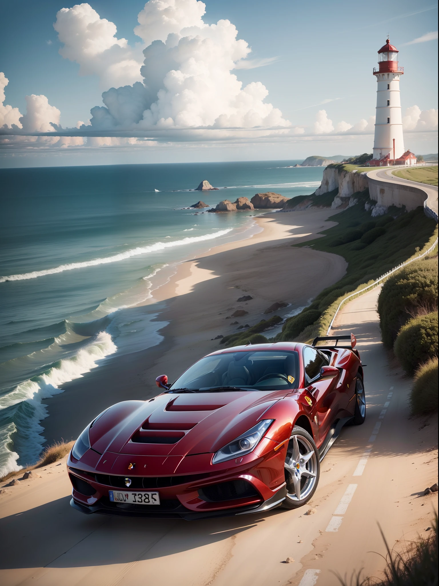 "Foto de uma (Ferrari vermelha parada) em frente a um (beautiful lighthouse by the sea). em uma tarde ensolarada, with blue skies and enchanting clouds."