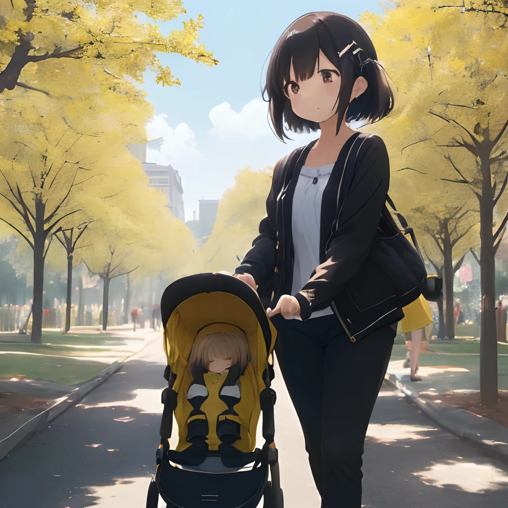 (masutepiece, Best Quality, Capture super cute moments, depth of fields, ultra-detailliert, Ultra High Resolution, C4D, Octadale, 3D Modeling, 8K, one girls、25-years old、A dark-haired、straight haired、Light brown eyes,hair adornments、Lemon Yellow Color Jacket、Black pants、(ssmile)、(Being in the park)、(Pulling a stroller)、(Sleeping black-haired baby)(Park on a sunny day)