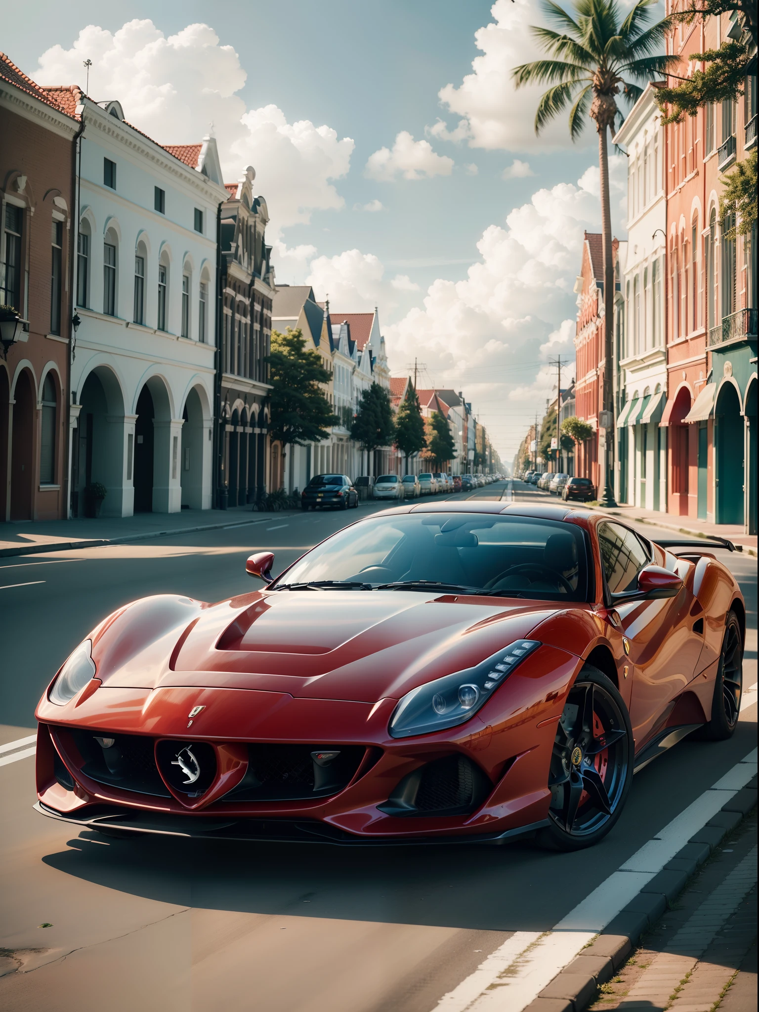 "Fotografia ((solo)) de uma Ferrari vermelha, (((estacionada em uma linda e florida cidade holandesa))), ((na holdanda)), ((em uma cidade florida)), Nas tardes ensolaradas, belo dia, nuvens belas, blue skies."