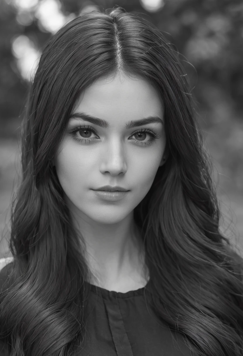 arafed woman with long hair and a black shirt posing for a picture, b&w photo, in black and white, portrait black and white, black and white portrait, black and white picture, perfect face ), black and white filter, lovely delicate face, black and white), 🤤 girl portrait, young beautiful amouranth, piercing stare, black & white photo