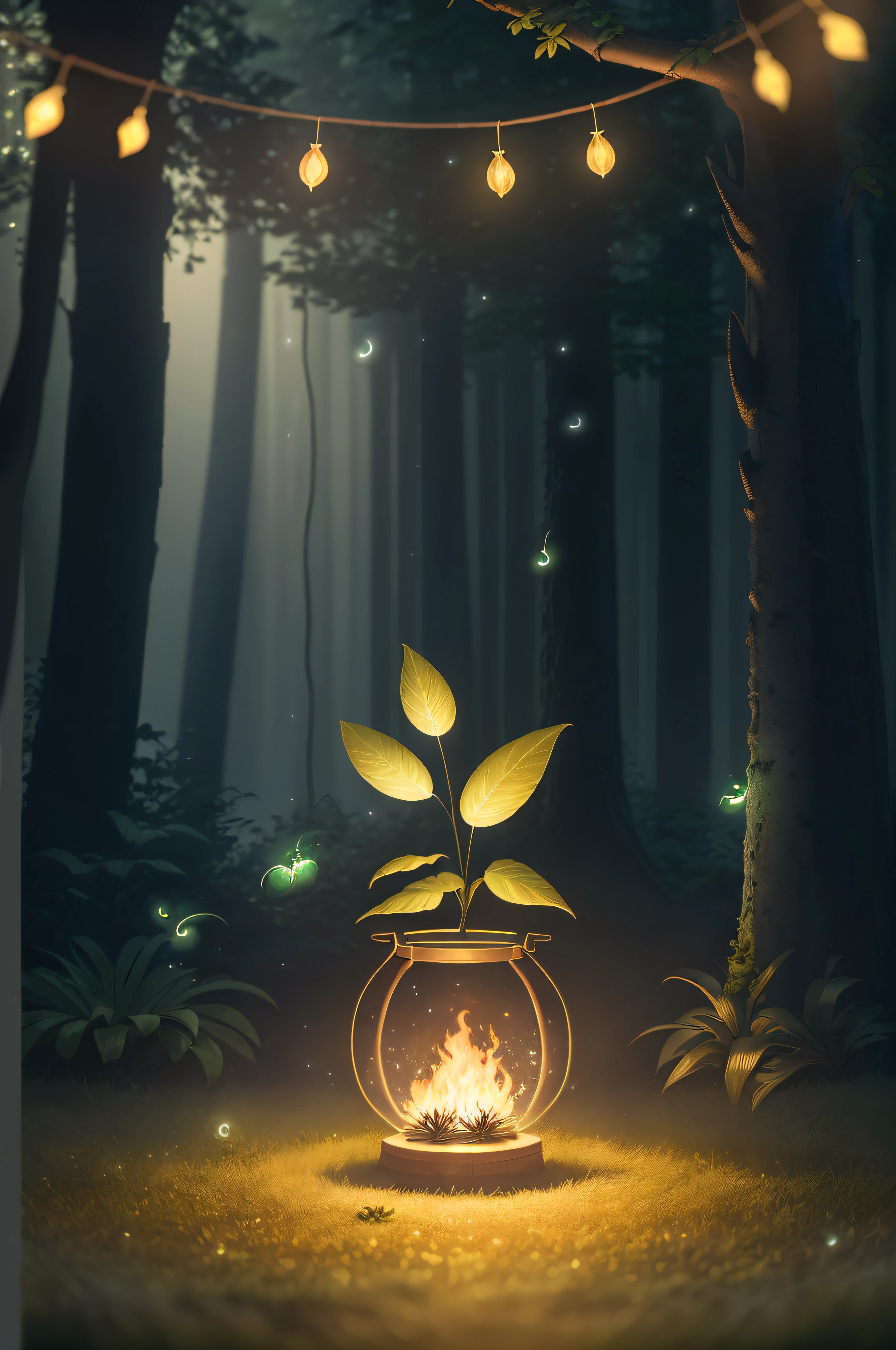 Masterpiece, best quality, (very detailed CG unity 8k wallpaper), (best quality), (best illustration), (best shadows), glow sprite, with a glowing deer, in the swimming pool Drinking water, natural elements in the forest theme. Mysterious forest, beautiful forest, nature, surrounded by flowers, delicate leaves and branches surrounded by fireflies (natural elements), (jungle theme), (leaves), (twigs), (fireflies), (particle effects) etc. 3D , Octane rendering, ray tracing, super detailed