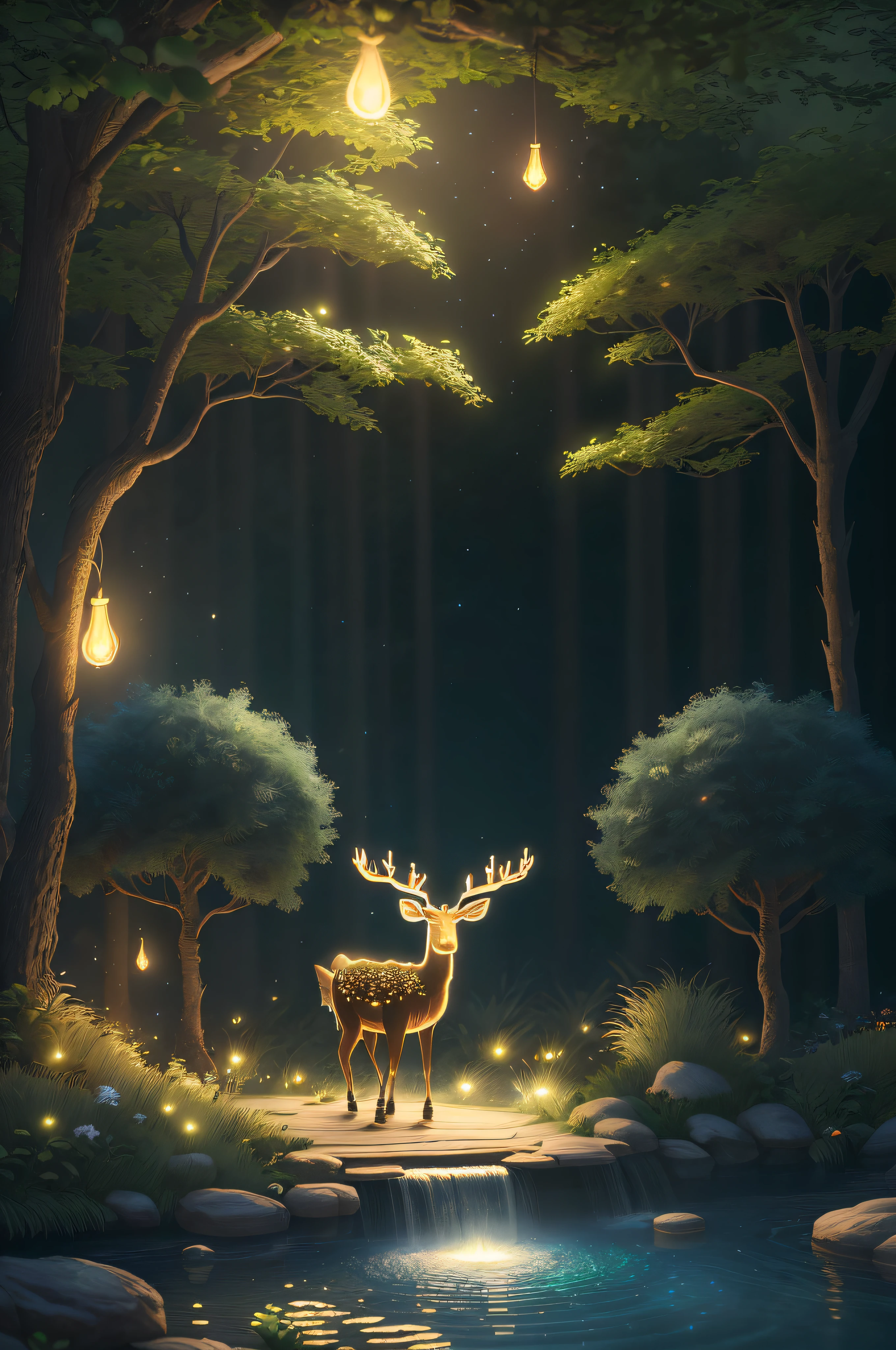 Masterpiece, best quality, (very detailed CG unity 8k wallpaper), (best quality), (best illustration), (best shadows), glow sprite, with a glowing deer, in the swimming pool Drinking water, natural elements in the forest theme. Mysterious forest, beautiful forest, nature, surrounded by flowers, delicate leaves and branches surrounded by fireflies (natural elements), (jungle theme), (leaves), (twigs), (fireflies), (particle effects) etc. 3D , Octane rendering, ray tracing, super detailed