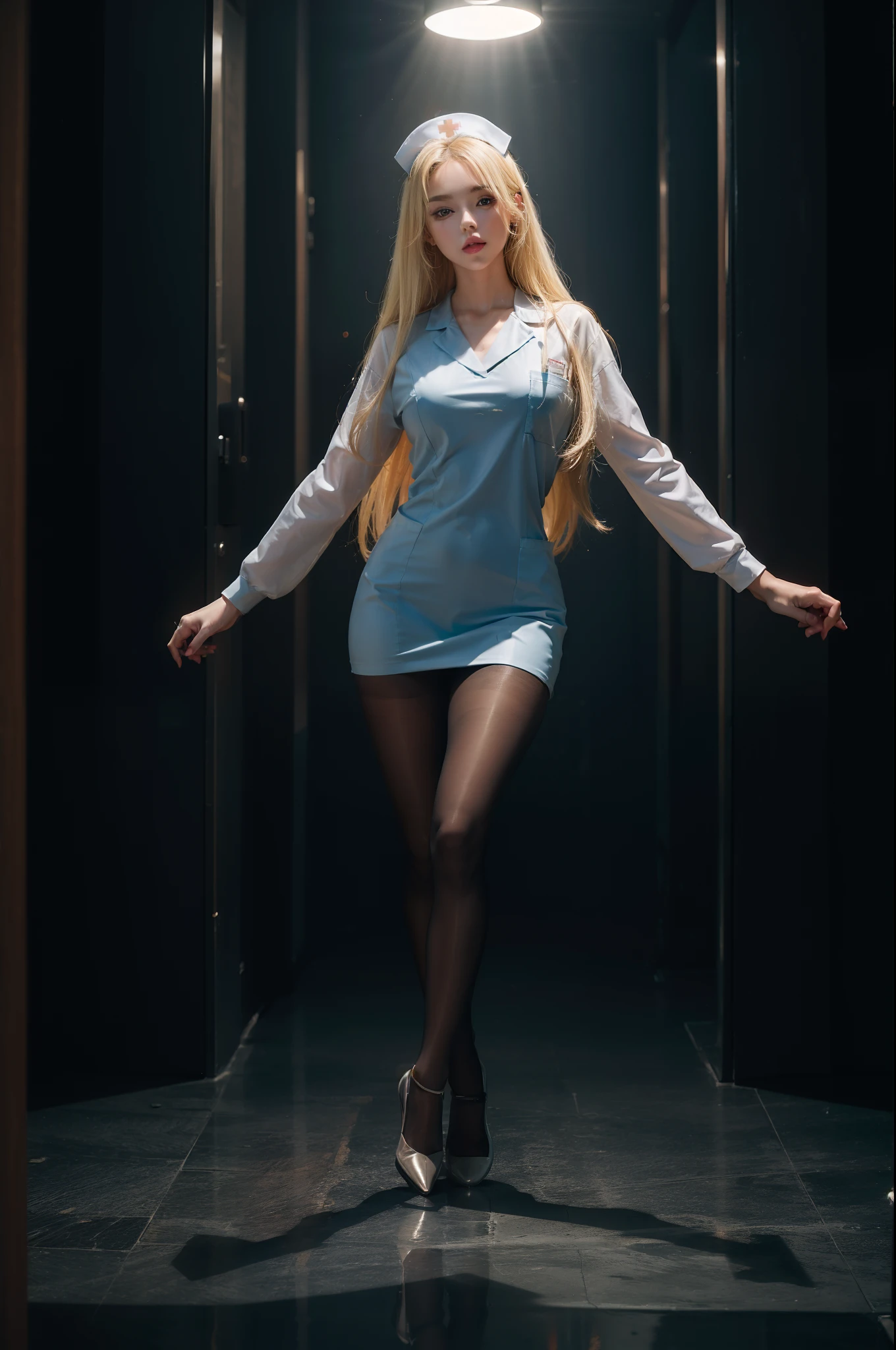 (full body:2),(1girl:1.3),(view the viewer:1.4),(anatomy correct:1.4),(pantyhose and pointed thick heels :1.3),(Dancing in the bank:1.2),(Nurse suit:1.3),(Extra Long blonde Hair:1.2),(Accurate and perfect face:1.3),(Long legs and big feet:1.3),((Skin reflection , Skin Gloss):1.2),hyper HD, Ray traching, reflective light, structurally correct, Award-Awarded, high detail, lighten shade contrast, Face lighting ,cinematic lighting, masterpiece, super detailing, high quality, high detail, best quality, 16k,High contrast,