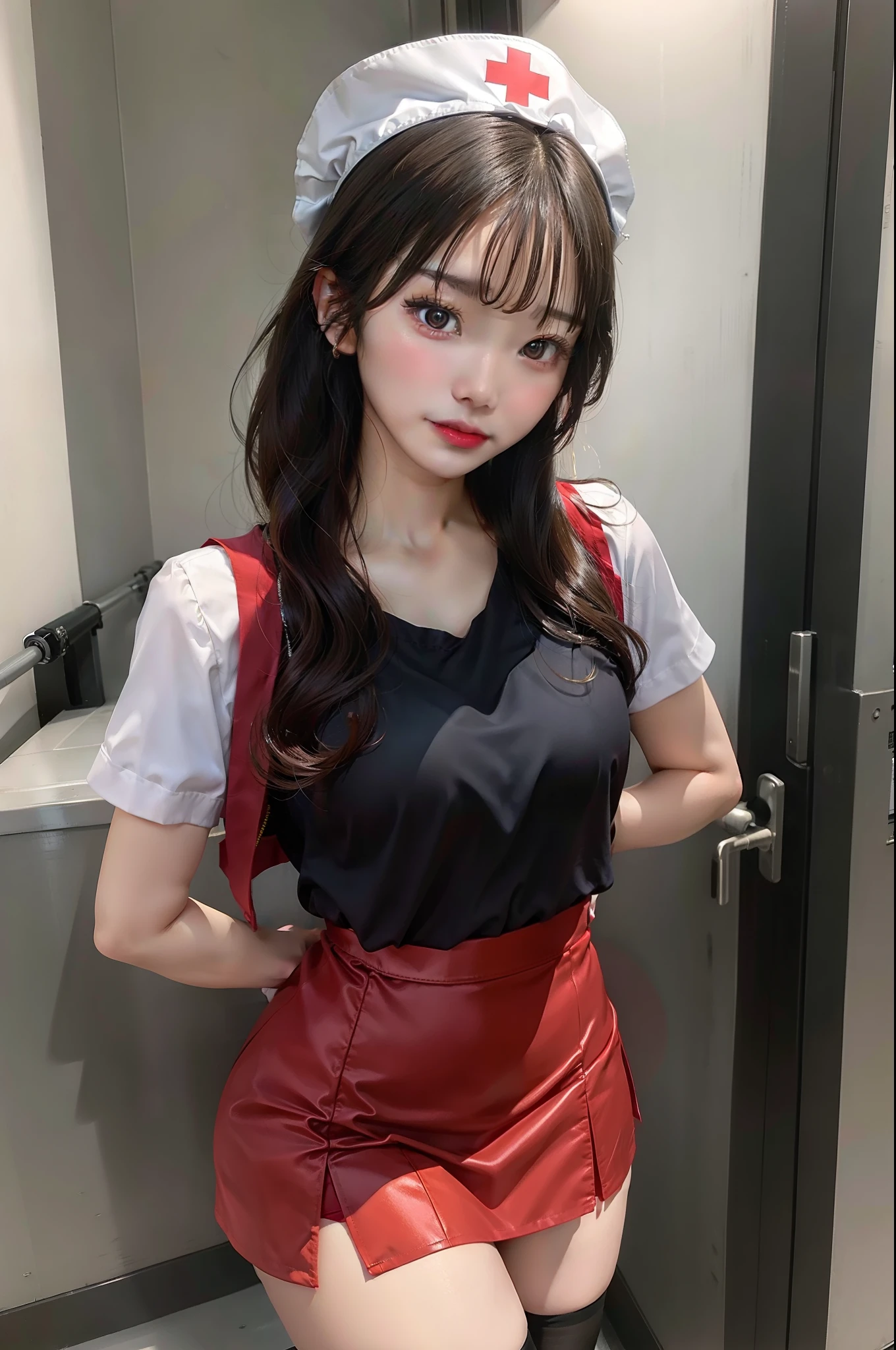 Asian girl dressed sexy as a nurse with short skirt and tight top, in a very provocative position