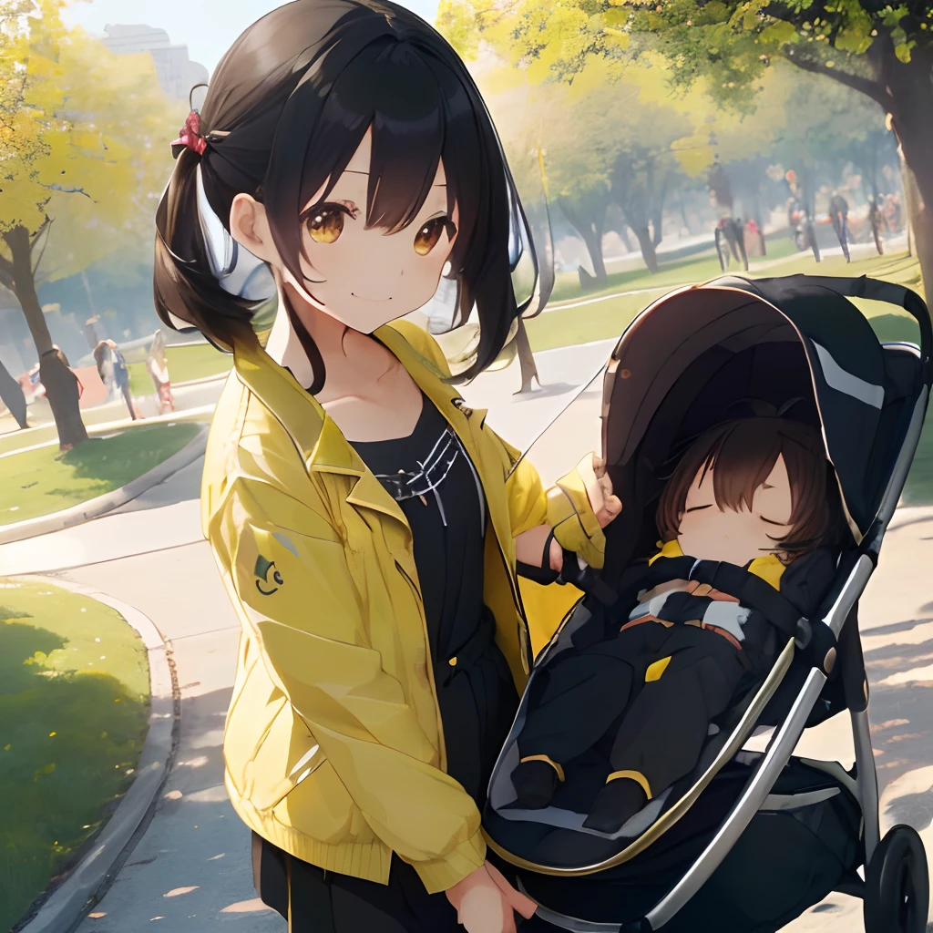 (masutepiece, Best Quality, Capture super cute moments, depth of fields, ultra-detailliert, Ultra High Resolution, C4D, Octadale, 3D Modeling, 8K, one girls、25-years old、A dark-haired、straight haired、Light brown eyes,hair adornments、Lemon Yellow Color Jacket、Black pants、(ssmile)、(Being in the park)、(Pulling a stroller)、(Sleeping black-haired baby)(Park on a sunny day)