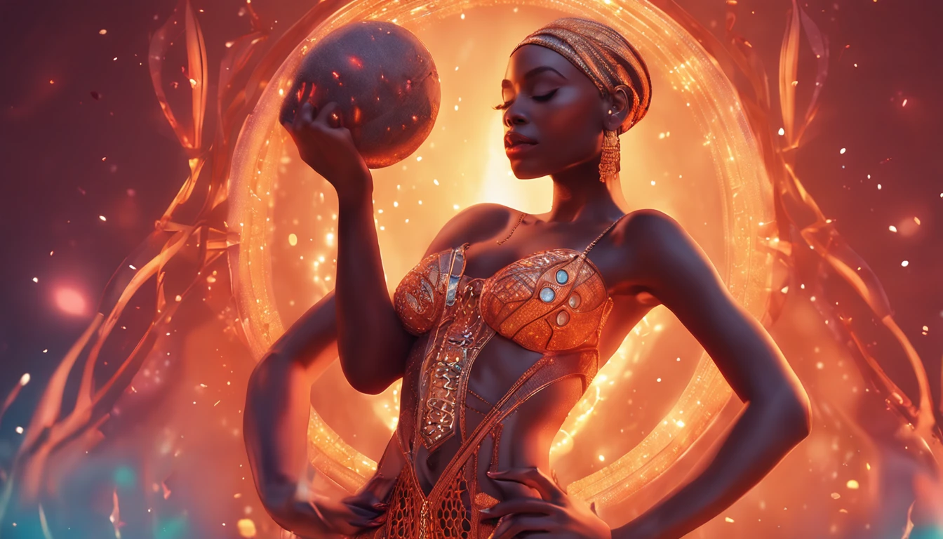 beautiful african goddess, sensual, pointed breasts, slim waist, touching belly with just a jewel on her body, illustration, digital, burnt orange gradient, magic, nature, clean background, magic, 3D vector art, fantasy art, watercolor effect, bokeh, Adobe Illustrator, hand-drawn, digital painting, soft lighting, isometric style, retro aesthetic, 4k definition, using Cinema 4D, natural lighting, cinematic, masterpiece, highly detailed