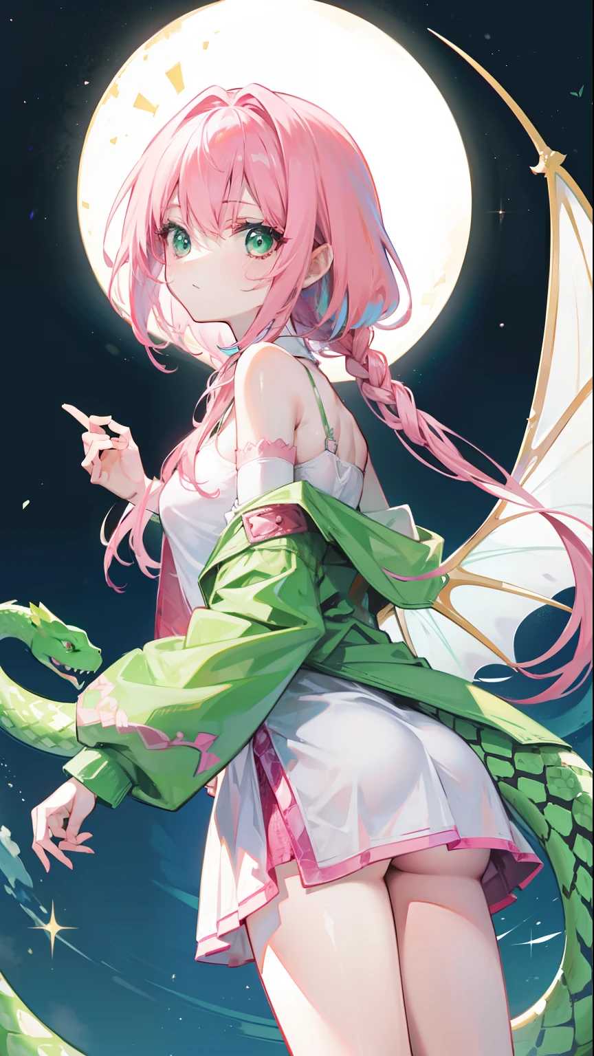 Contains pink hair with green,White and green plain clothes,It is a beautiful snake and dragon fairy