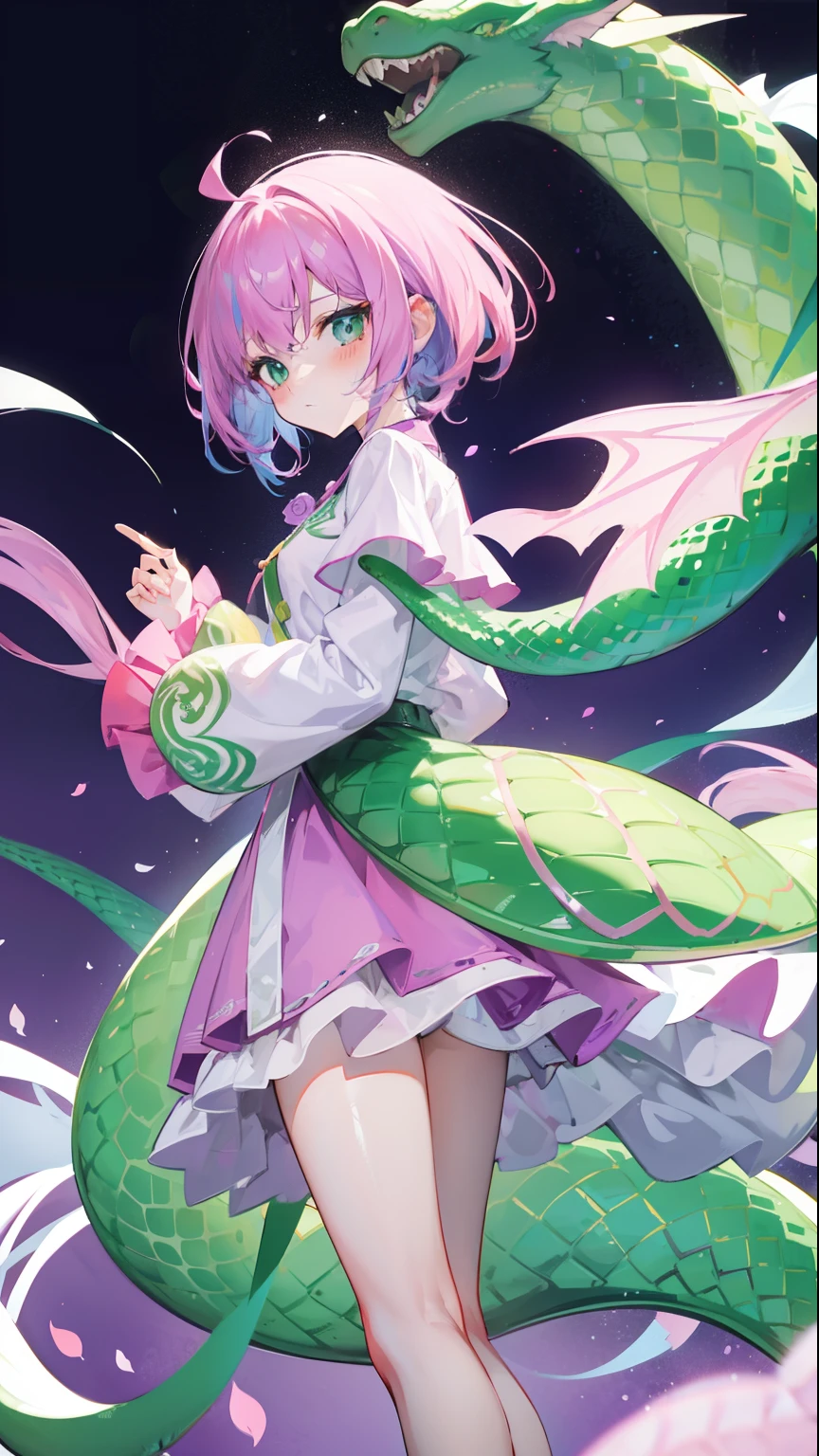 Contains purple-pink hair and green,White and green plain clothes,It is a beautiful snake and dragon fairy