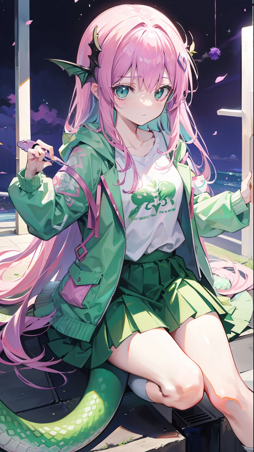 Contains purple-pink hair and green，White and green plain clothes，It is a beautiful snake and dragon fairy