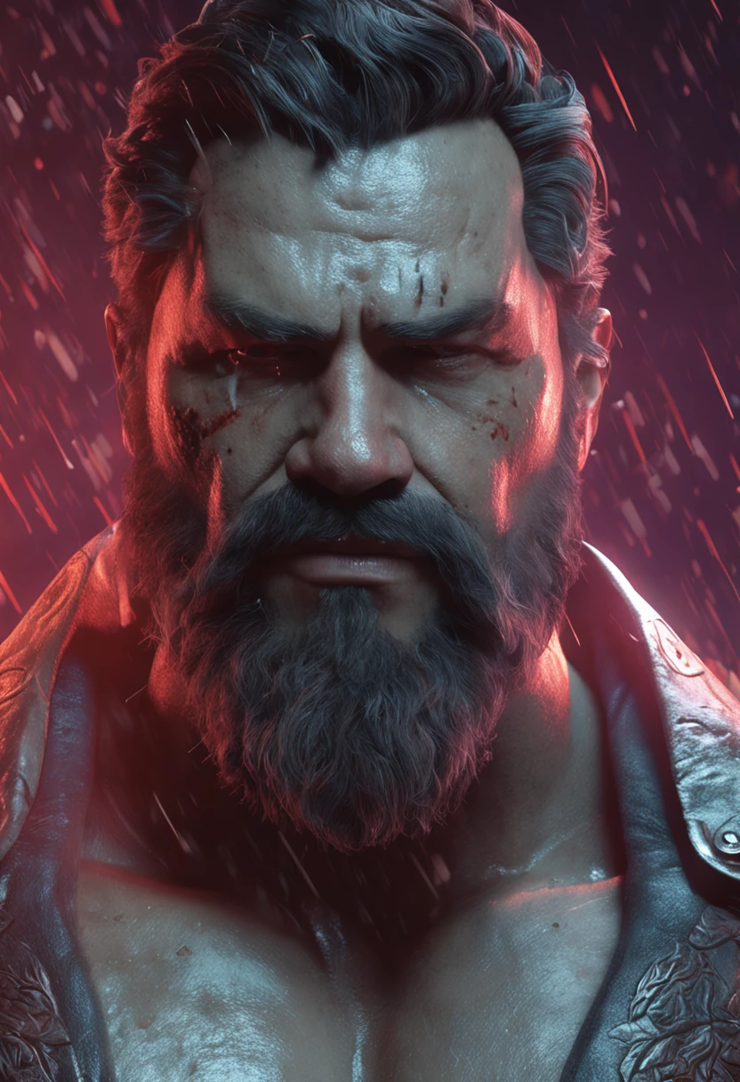 (Professional 3D rendering:1.3) de (Realistic:1.3) Foto de arte mais bonita do mundo,Features soft, bright male heroes, ((Epic hero fantasy rough muscular man wet hero angry look long hair short beard and fierce expression in dynamic pose, fantastic location, majestoso ambiente desordenado)), corpo inteiro 8k unidade render, action shot, poros da pele, very dark lighting, sombreamento pesado, circunstanciado, Rosto detalhado, (vibrante, fotogrdeia realista, Realistic, Dramatic, Escuro, foco nítido, 8k), (Old leather clothes damaged by bad weather:1.4), ((((Use peles)))), (intrincado:1.4), decadente, (altamente detalhado:1.4), pintura digital, rendering by octane, art stations, Conceito-Arte, liso, foco nítido, illustration, germe da arte, (Loish:0.23), Wlop Ilya Kuvshinov, e Greg Rutkowski e Alphonse Mucha Gracias, (global ilumination, studiolight, Light Volumetric), chuva forte, floating particles, patife, fantasia, Onze, corpo inteiroesbian, ((Fundo escuro e antigo da cidade:1.3)),CGSesociedade,art stations