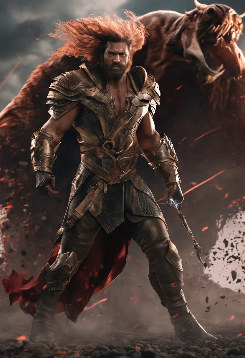 (Professional 3D rendering:1.3) de (Realistic:1.3) Foto de arte mais bonita do mundo,Features soft, bright male heroes, ((Epic hero fantasy rough muscular man wet hero angry look long hair short beard and fierce expression in dynamic pose, fantastic location, majestoso ambiente desordenado)), corpo inteiro 8k unidade render, action shot, poros da pele, very dark lighting, sombreamento pesado, circunstanciado, Rosto detalhado, (vibrante, fotogrdeia realista, Realistic, Dramatic, Escuro, foco nítido, 8k), (Old leather clothes damaged by bad weather:1.4), ((((Use peles)))), (intrincado:1.4), decadente, (altamente detalhado:1.4), pintura digital, rendering by octane, art stations, Conceito-Arte, liso, foco nítido, illustration, germe da arte, (Loish:0.23), Wlop Ilya Kuvshinov, e Greg Rutkowski e Alphonse Mucha Gracias, (global ilumination, studiolight, Light Volumetric), chuva forte, floating particles, patife, fantasia, Onze, corpo inteiroesbian, ((Fundo escuro e antigo da cidade:1.3)),CGSesociedade,art stations