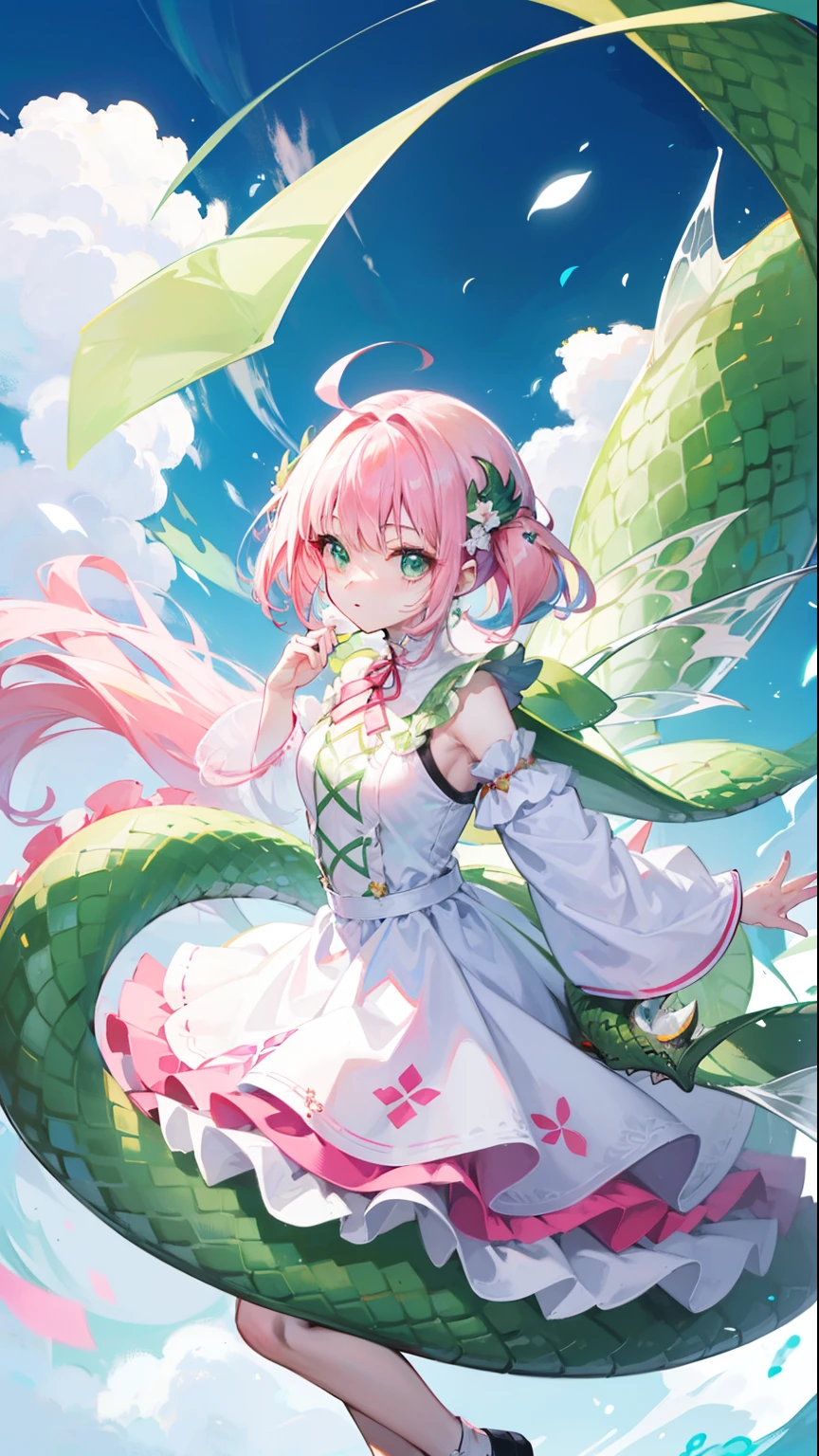 Contains pink hair and green color,White and green plain clothes,It is a beautiful snake and dragon fairy