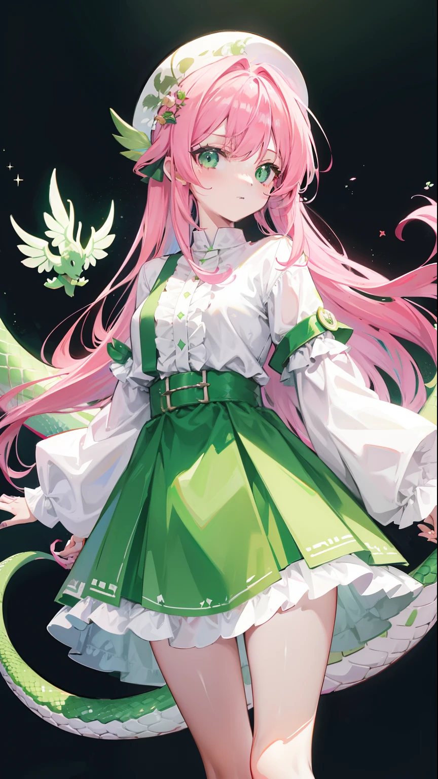 Contains pink hair and green color,White and green plain clothes,It is a beautiful snake and dragon fairy