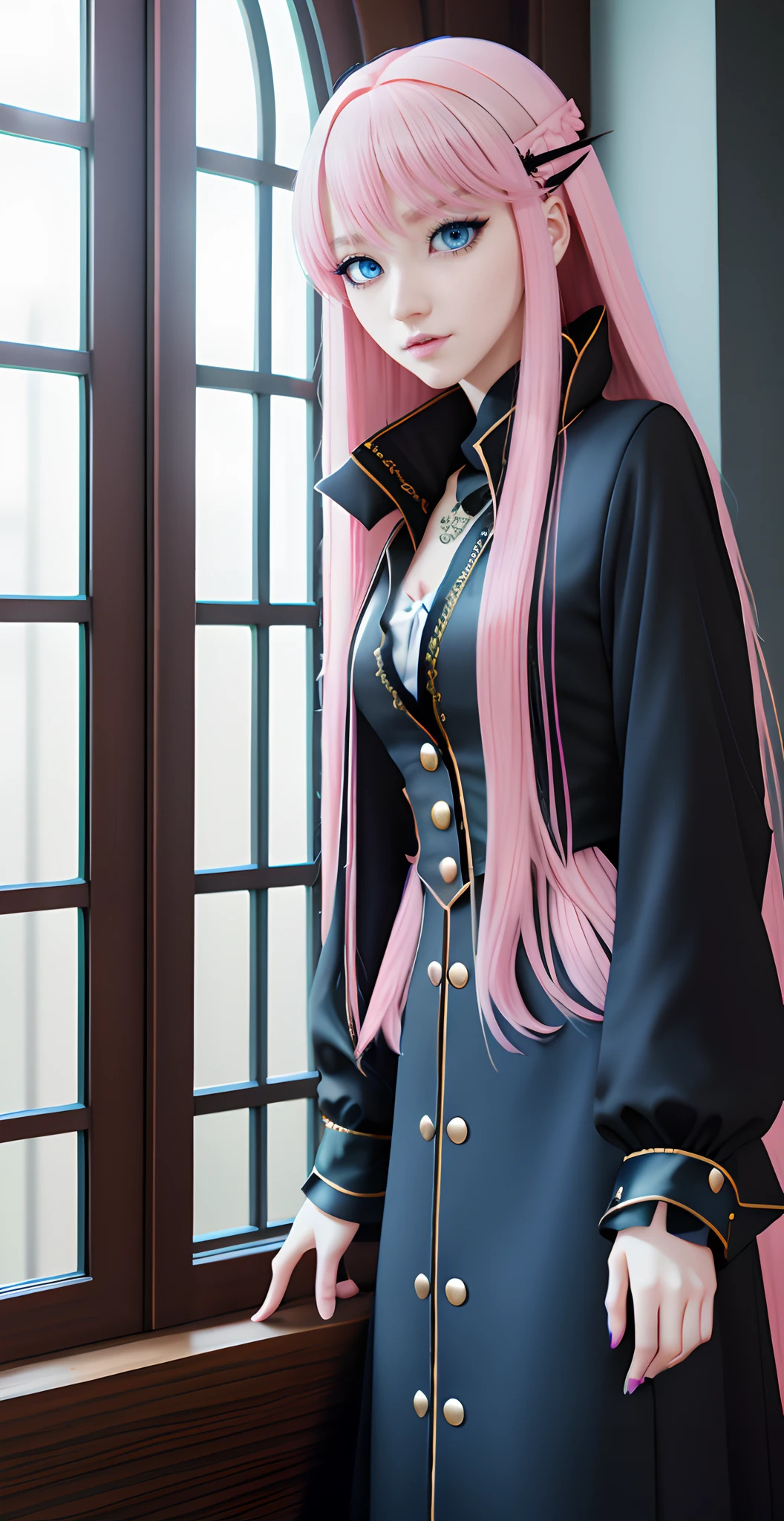 masterpiece, top-quality, Adults, different color, finely eye and detailed face, intricate detailes, Wizarding World Costumes, Inside the coffee shop, During the walk, A smile, Happiness, tenderness, youthfulness, high-level image quality、Beautuful Women、tall、window、𝓡𝓸𝓶𝓪𝓷𝓽𝓲𝓬、Englishman, Idol Photos, k pop, Professional Photos, ((the witch)), Fedoman with necklace, inspired by Sim Sa-jeong, androgynous vampire, :9 detailed face: 8, extra detailed face, detailed punk hair, ((Light blue eyes)) baggy eyes, Seductive. Highly detailed, semi realistic anime, Vampires, hyperrealistic , Delicate androgynous witch, imvu, Woman with long hair, Woman with a gentle expression, ((Woman with pretty long pink hair and light blue eyes)),