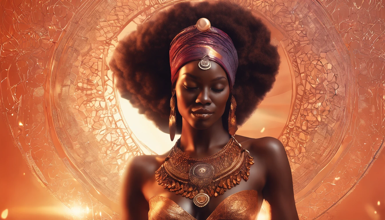 beautiful african goddess, sensual, pointed breasts, thin semi-naked waist, caressing her belly, posing as a muse, looking with desire, body jewelry, erogenous parts of her body, illustration, digital, gradient burnt orange, magical, Nature, clean background, magic, 3D vector art, fantasy art, watercolor effect, bokeh, Adobe Illustrator, hand drawn, digital painting, soft lighting, isometric style, retro aesthetic, 4k setting, using Cinema 4D, natural lighting, cinematic, play master, highly detailed