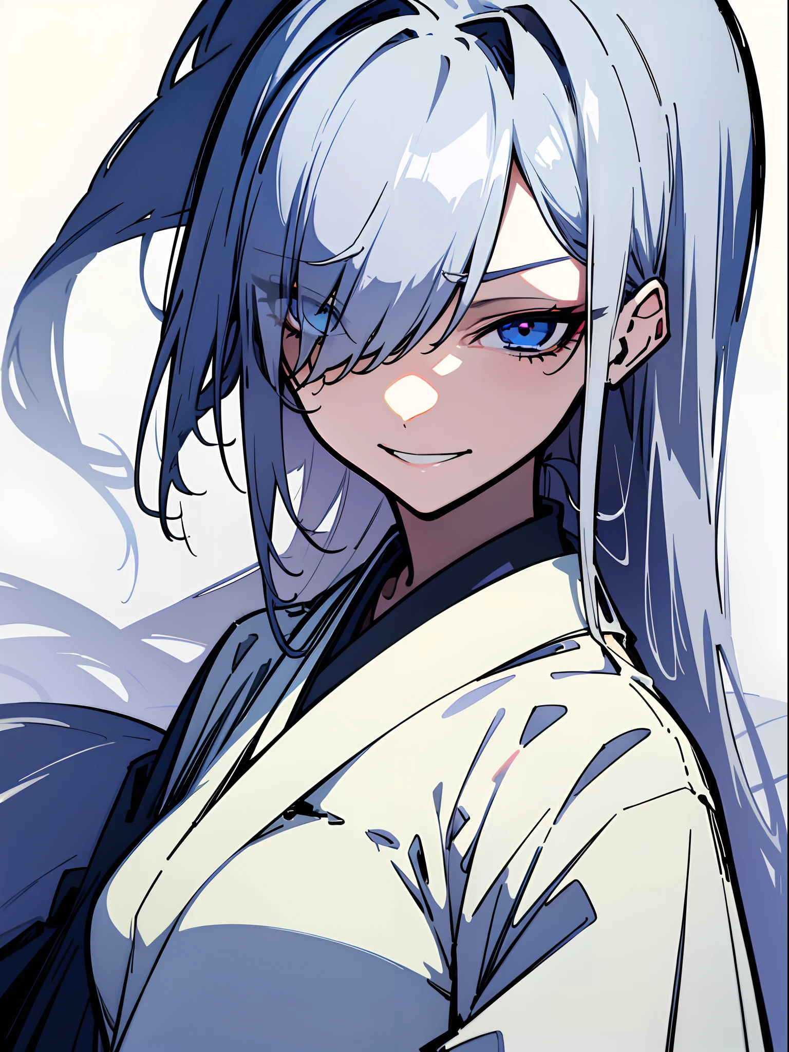 (top-quality、​masterpiece:1.2), 1girl in, Beautiful fece, (White Doshi、Long Black Hakama), poneyTail, long hair of light blue near white,,,,,,,, Blue eyes, Colossal tits, elegent, enticing, Beautiful and well-groomed face, beautidful eyes, beautiful hairl, slick skin, Beautiful mouth,  (Hair over one eye), (one eye covered), (Vicious look、Vulgar smile), Anatomically correct