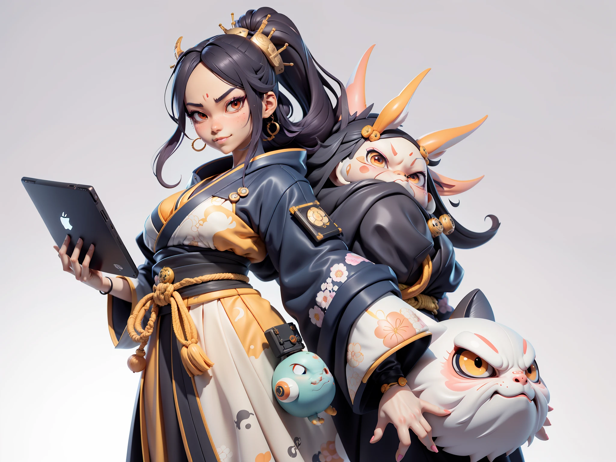 (Daisaku),(Need),(Super meticulous),(full bodyesbian:1.2),Japanese ukiyo-e girl,japanese geisha,Beautiful,Oriental dragon,Aeolian Thor,Raised sexy,爆乳,Oriental face,TV Anchor,Bust portrait illustration,Alone,In black suit,a blue tie,The face is slightly chubby,The face was clean,without a beard,Black super short hair,Black eyes,Smile confidently,3C computer sub-products,iPad, iphone,Digital painting,3D character design by Mark Clairen and Pixar and Hayao Miyazaki and Akira Toriyama,The illustration is a high-definition illustration in 4K resolution,With very detailed facial features and cartoon-style visuals。