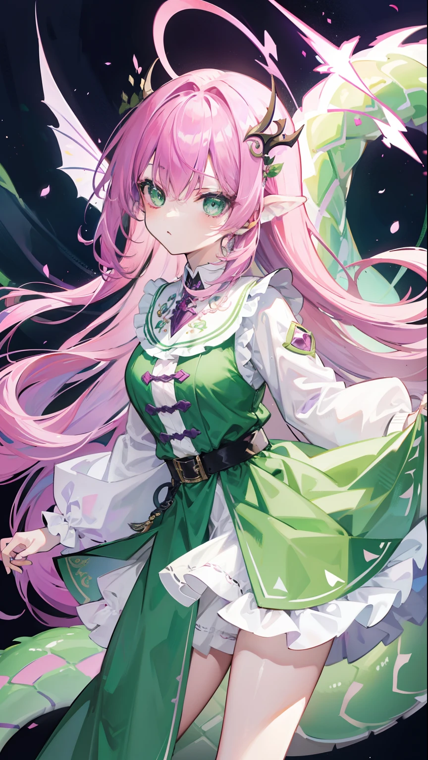 Contains purple-pink hair and green，White and green plain clothes，It is a beautiful snake and dragon fairy